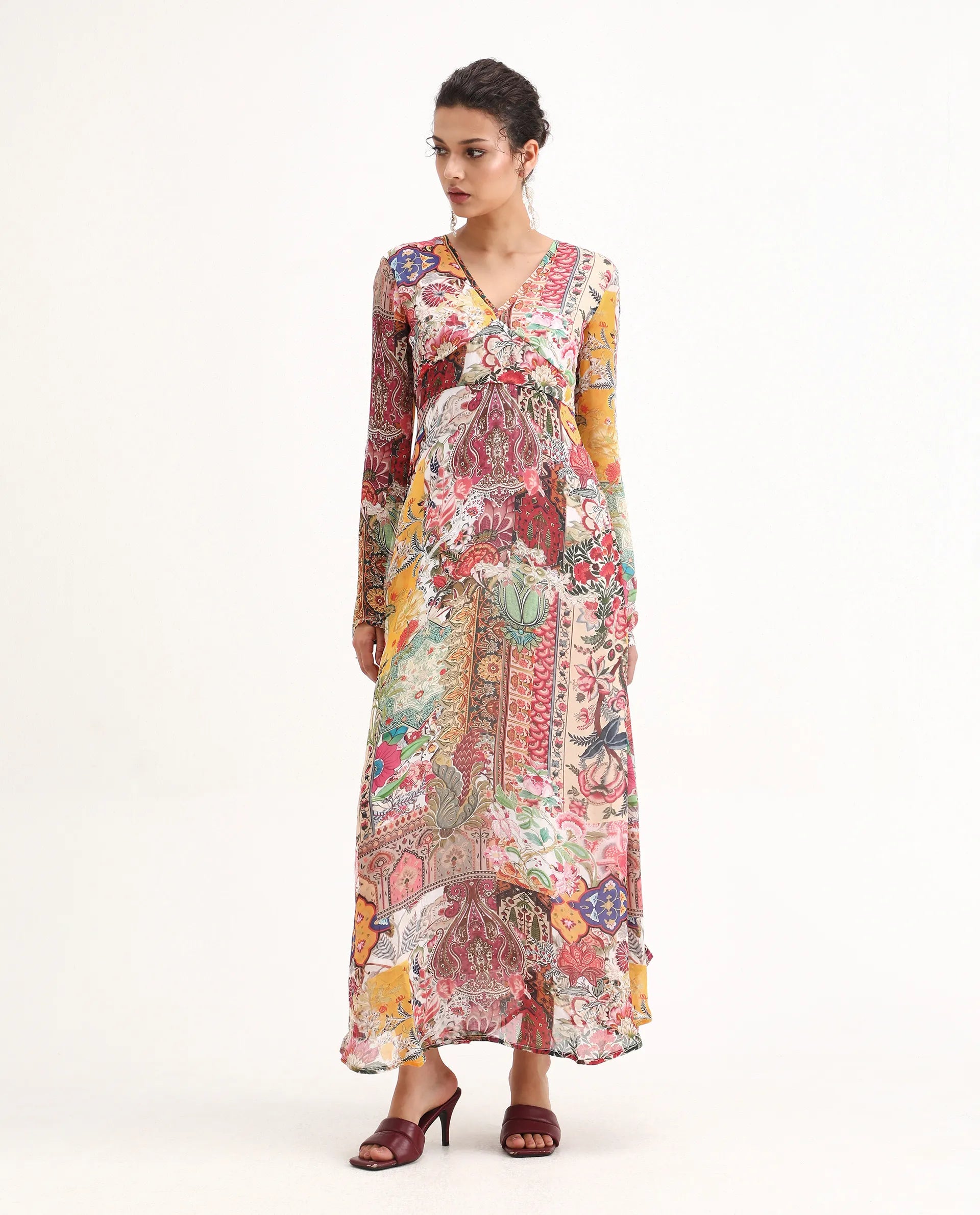 Rareism Women's Avirin Multi Viscose V-Neck Fit And Flare Abstract Print Dress