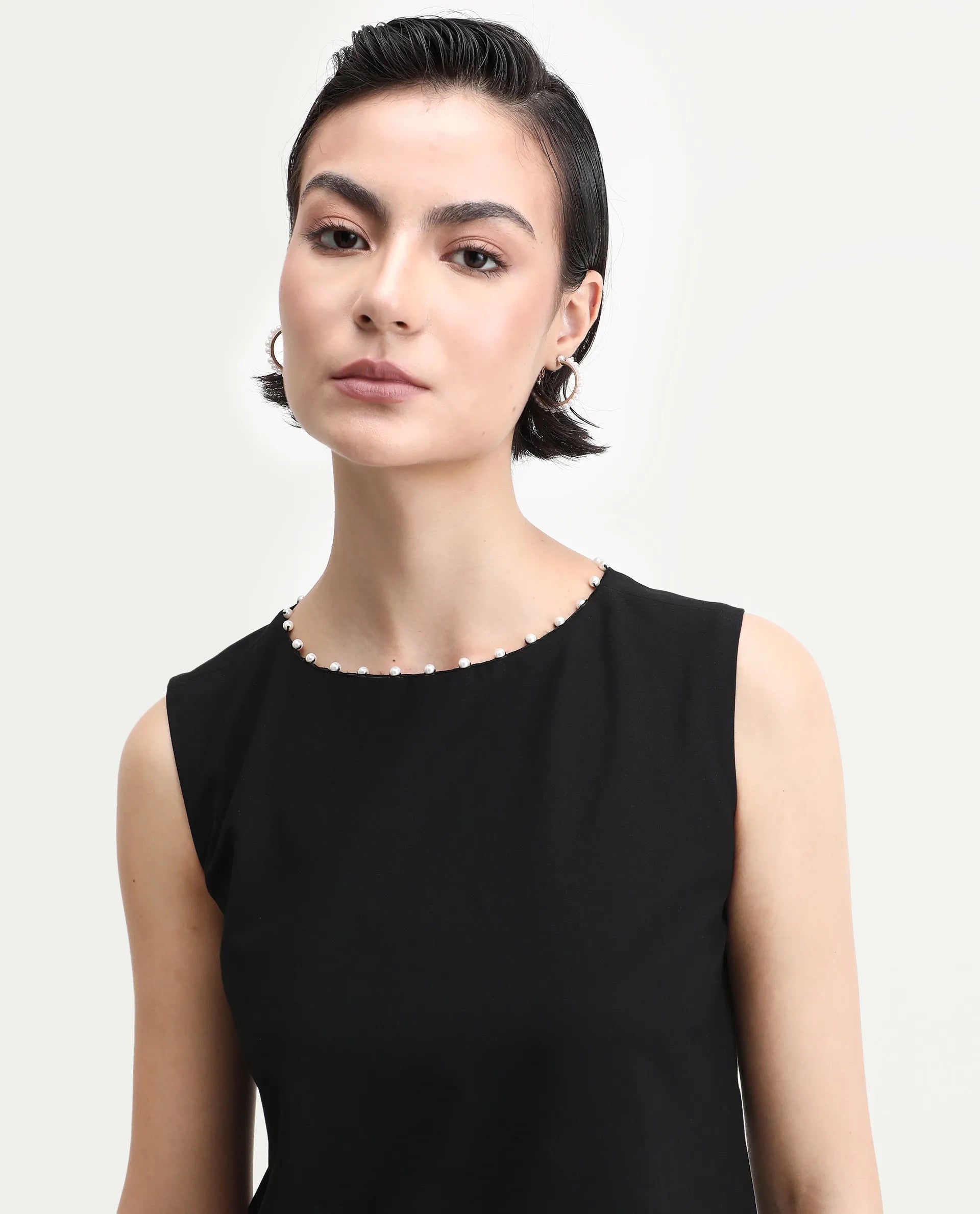 Rareism Women's Avisa Black Polyester Blend Boat Neck Boxy Fit Plain Top