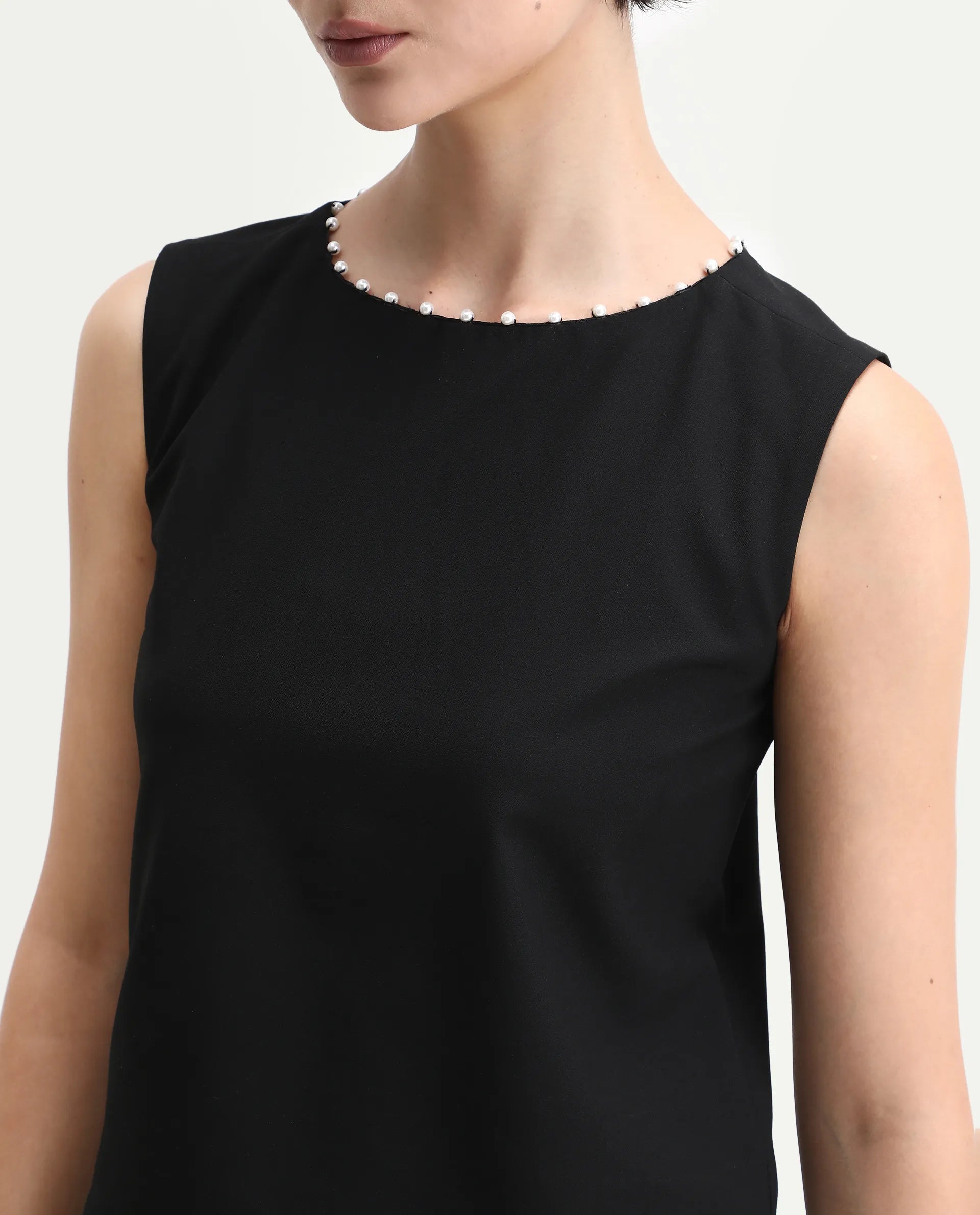 Rareism Women's Avisa Black Polyester Blend Boat Neck Boxy Fit Plain Top