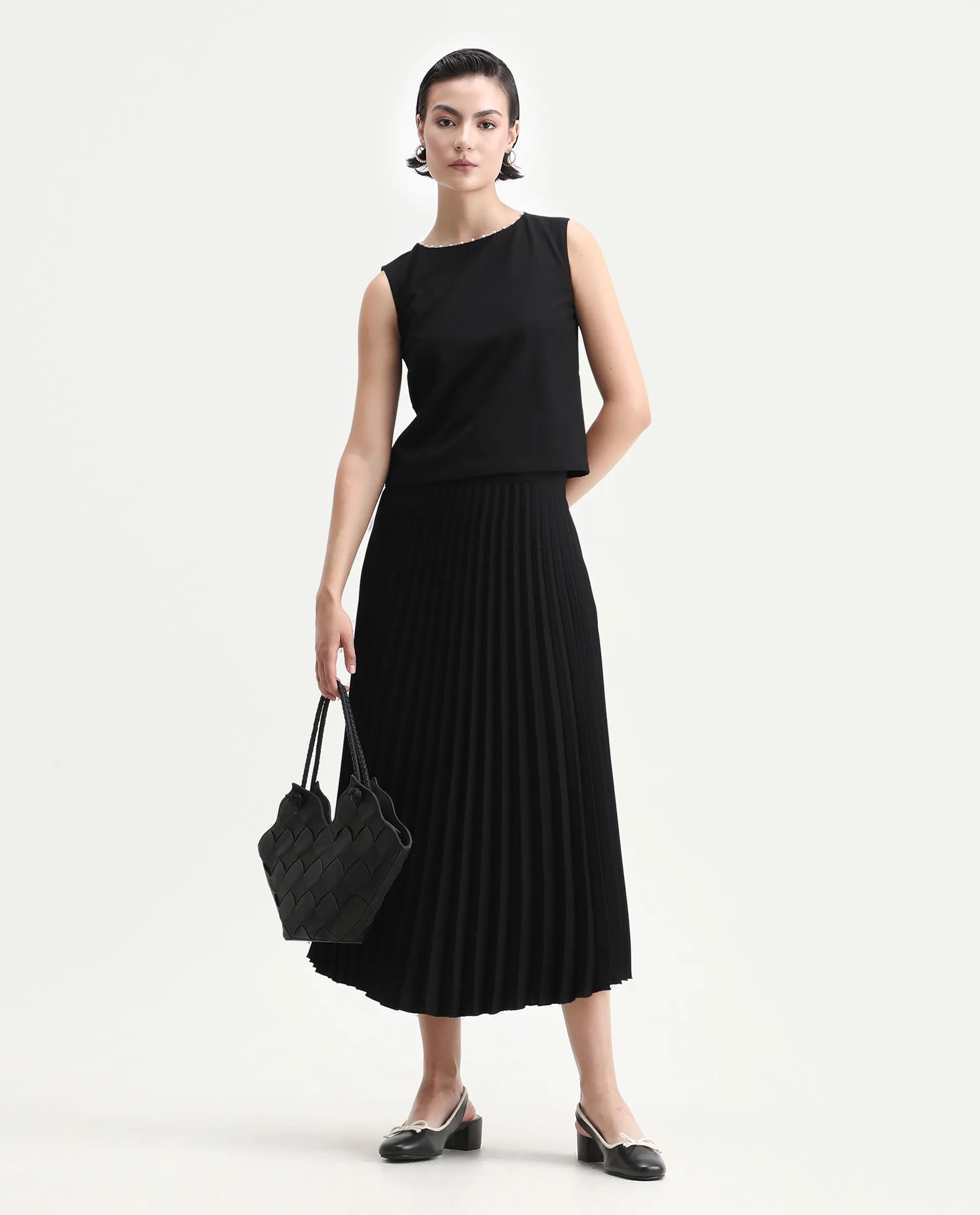 Rareism Women's Avisa Black Polyester Blend Boat Neck Boxy Fit Plain Top
