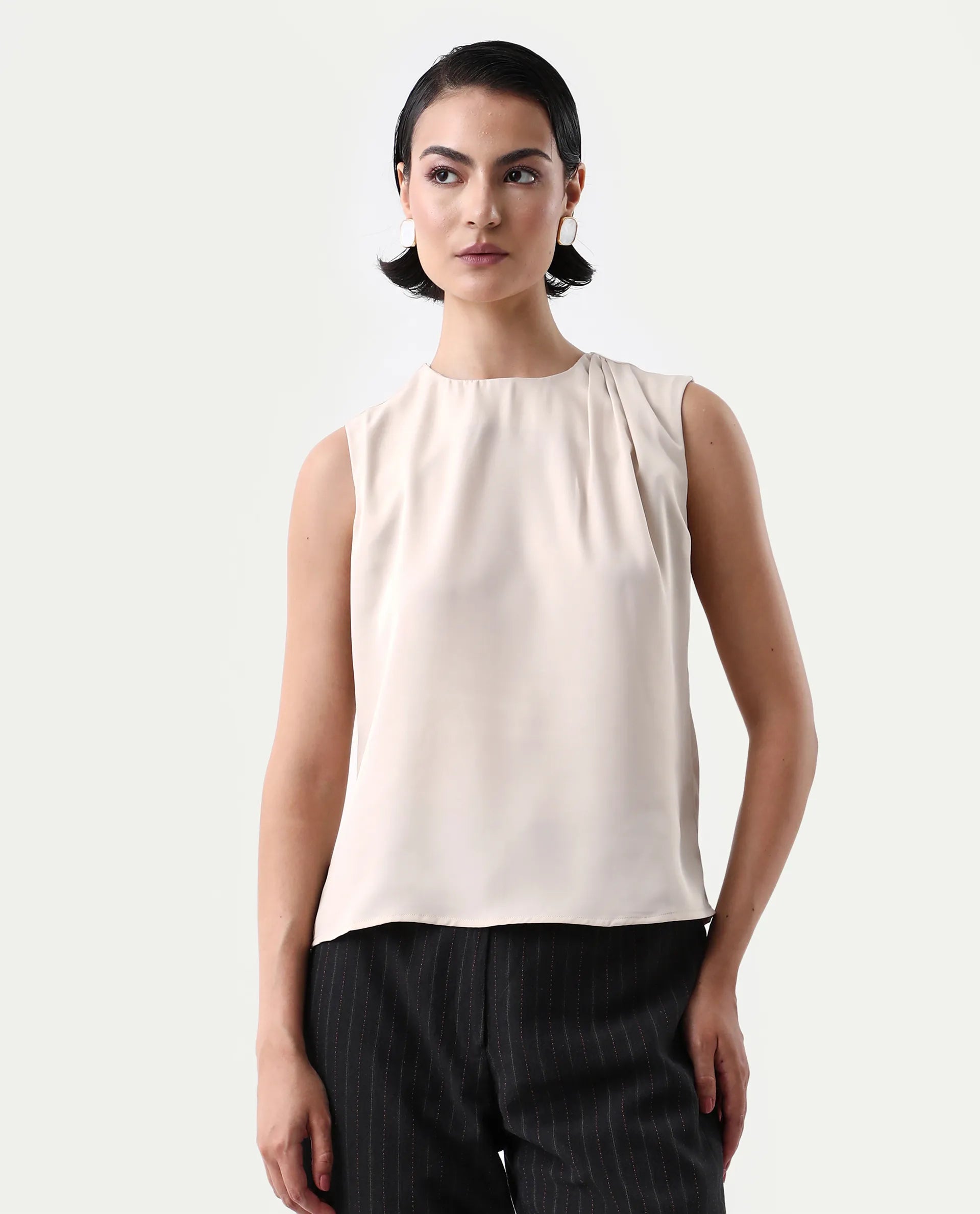 Rareism Women's Aviso Beige Polyester Round Neck Regular Fit Plain Top