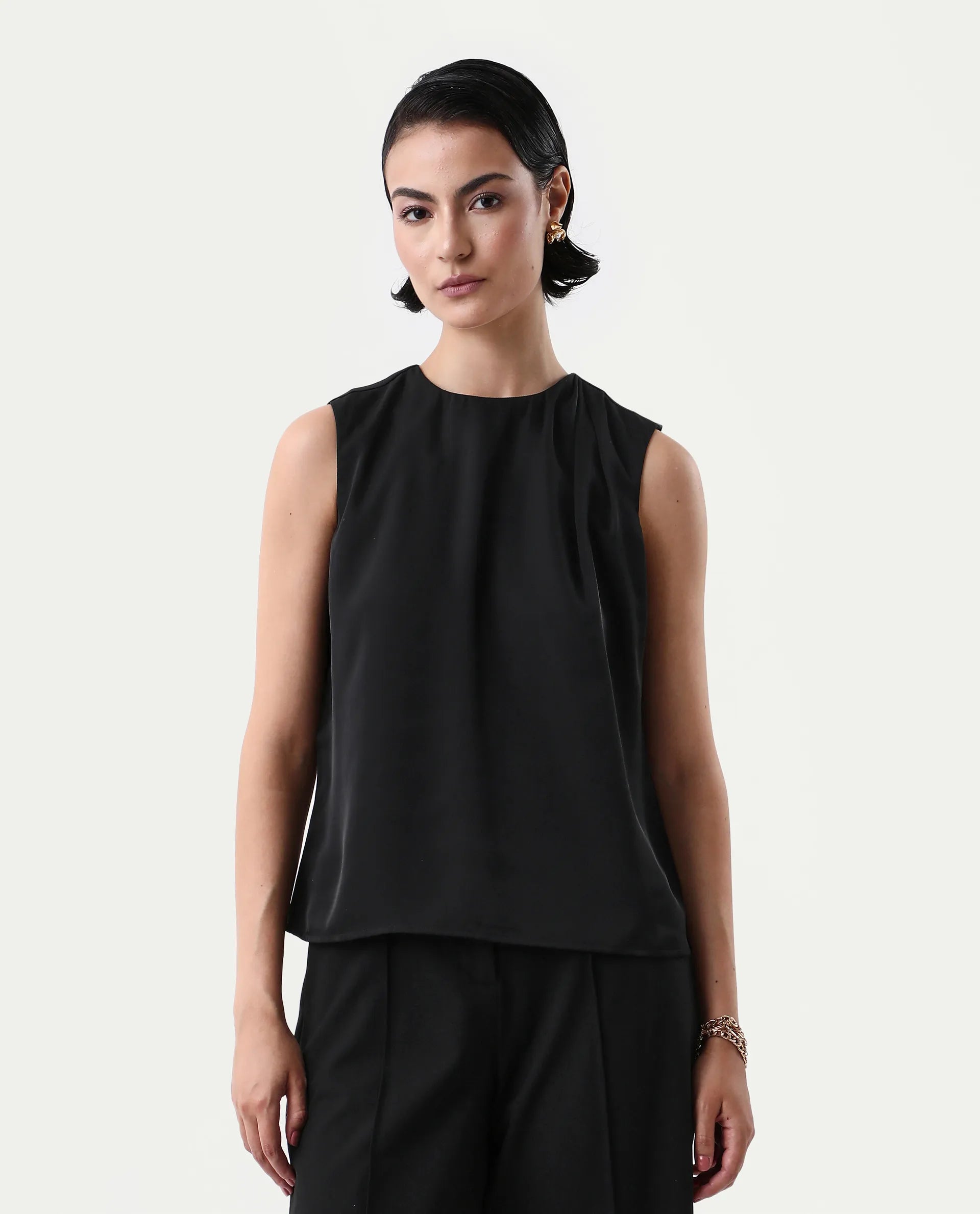 Rareism Women's Aviso Black Polyester Round Neck Regular Fit Plain Top