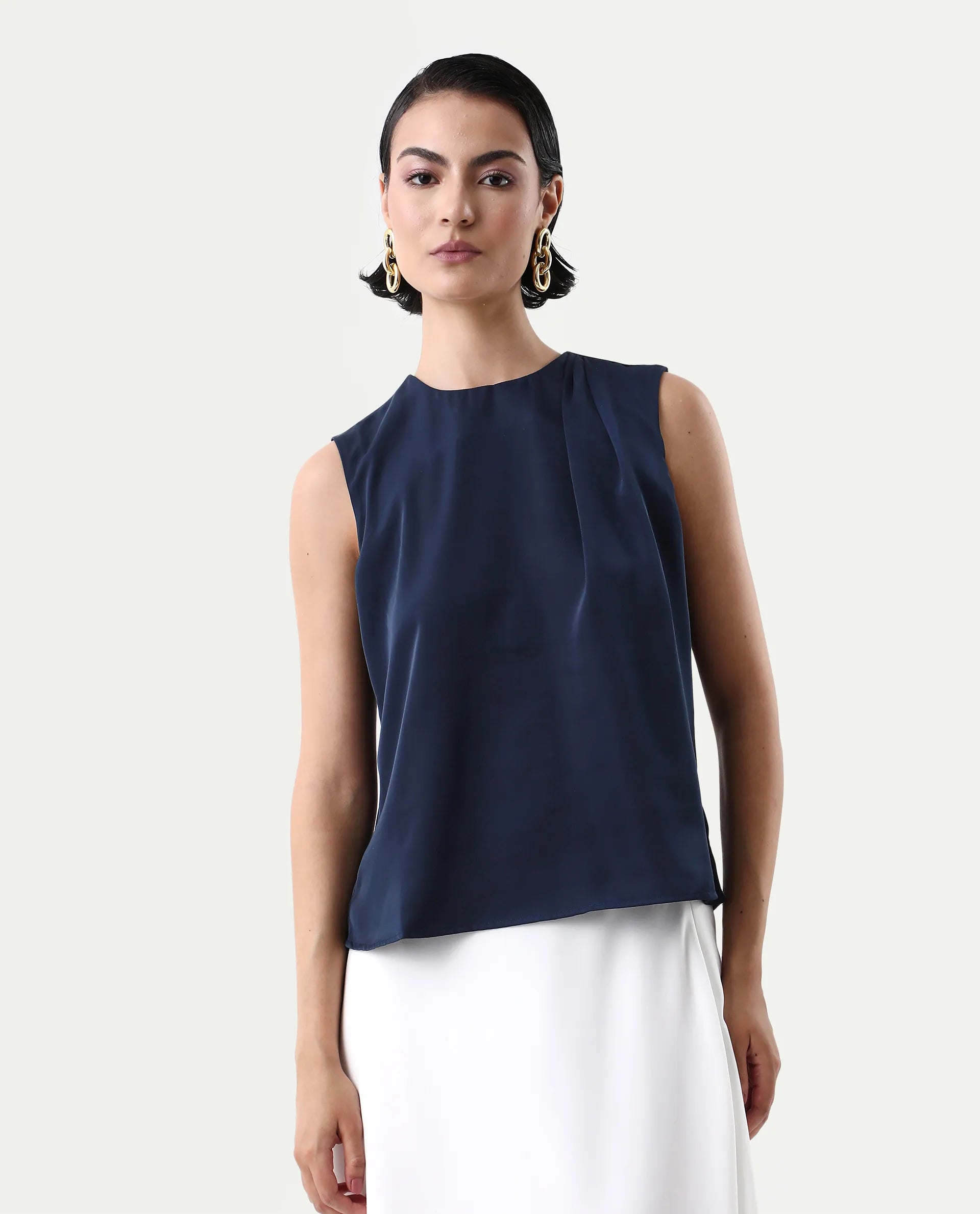 Rareism Women's Aviso Navy Polyester Round Neck Regular Fit Plain Top