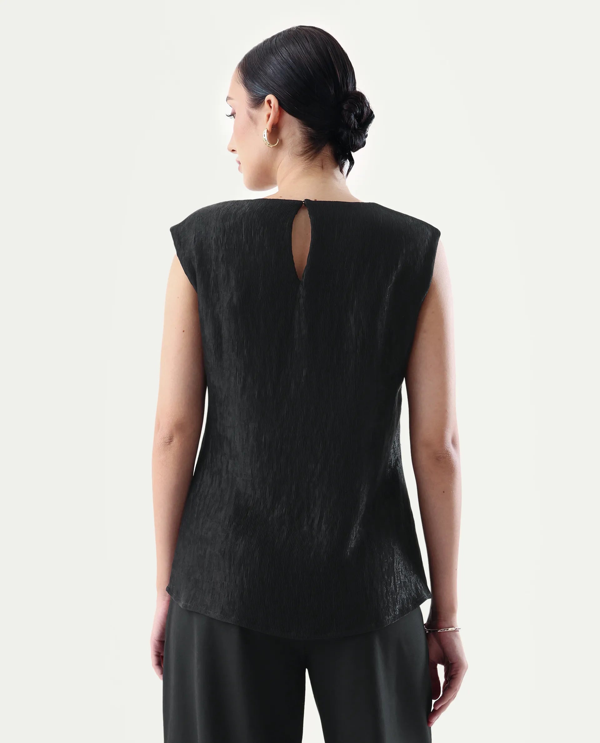 Rareism Women's Avisyn Black Nylon Blend Crew Neck Regular Fit Plain Top