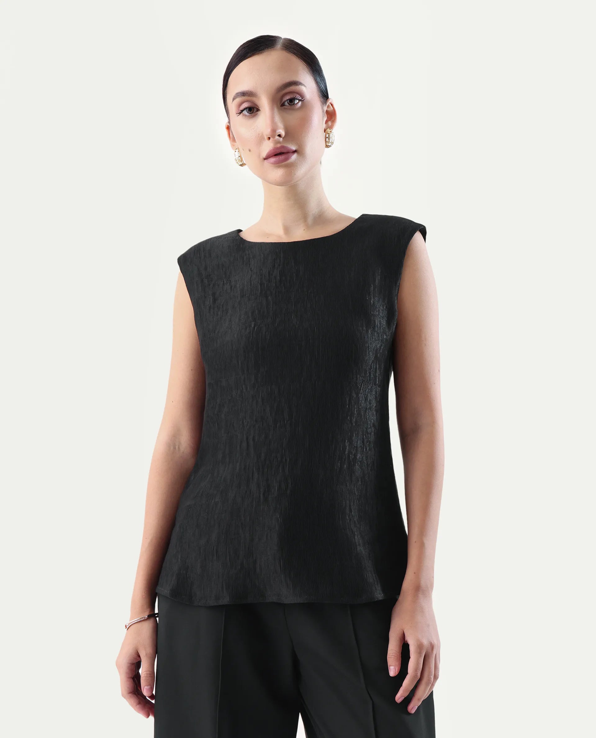 Rareism Women's Avisyn Black Nylon Blend Crew Neck Regular Fit Plain Top