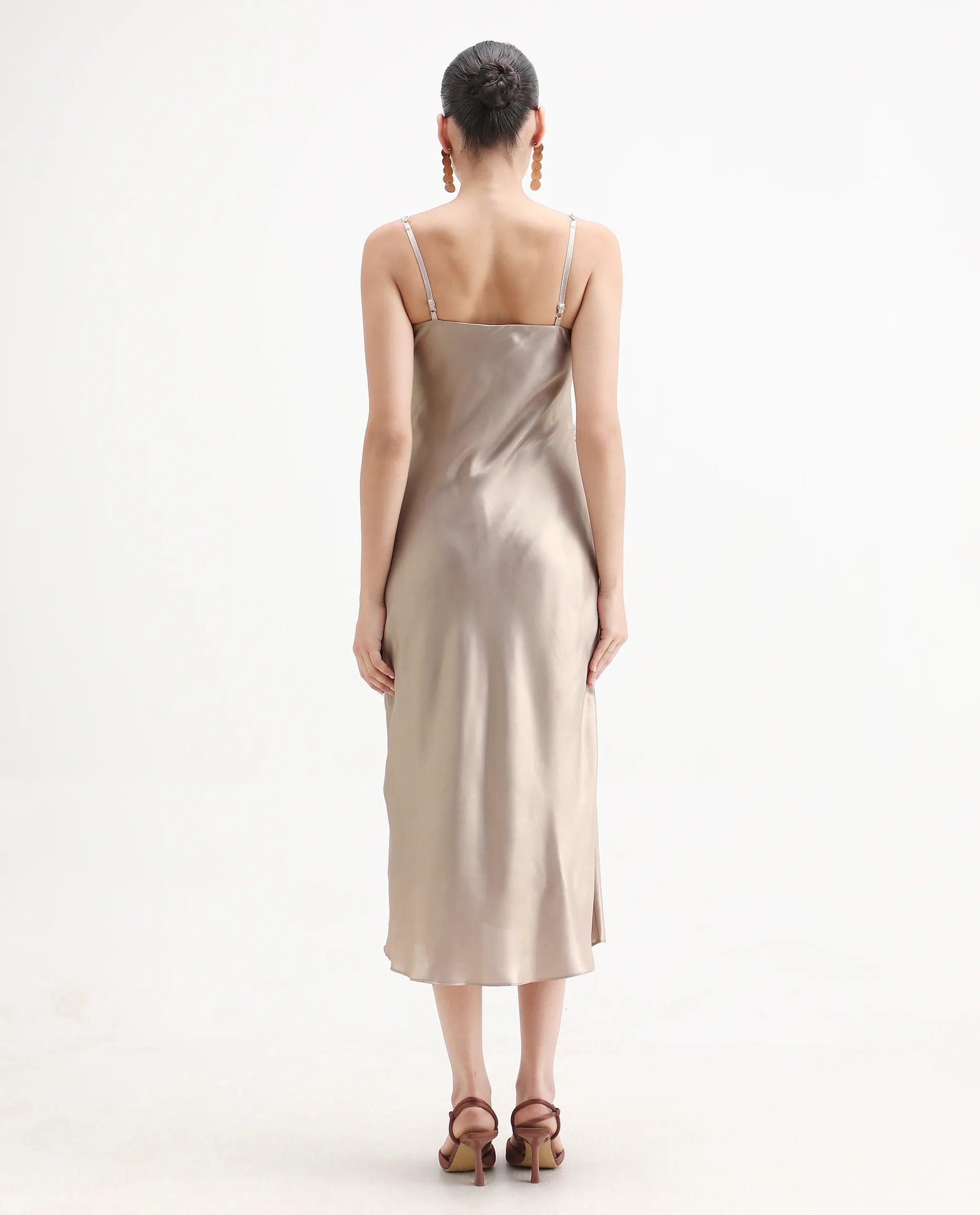 Rareism Women's Avita Beige Polyester Shoulder Straps Fit And Flare Plain Dress