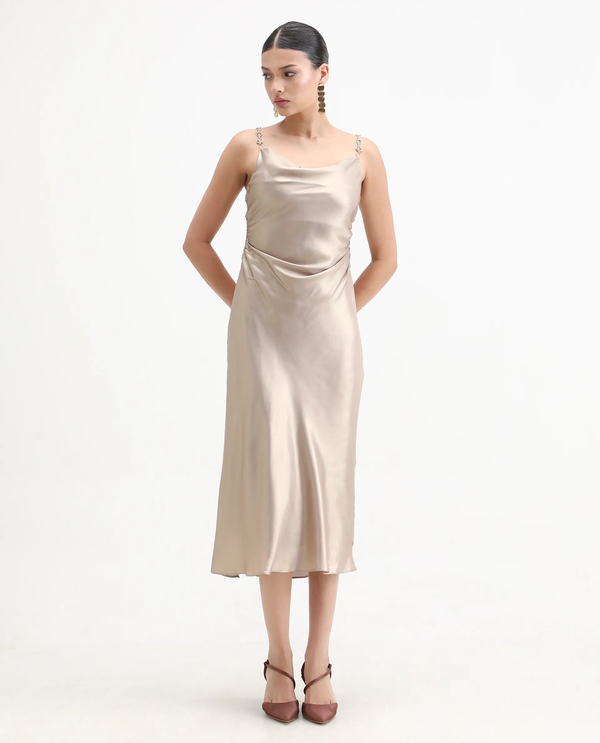 Rareism Women's Avita Beige Polyester Shoulder Straps Fit And Flare Plain Dress