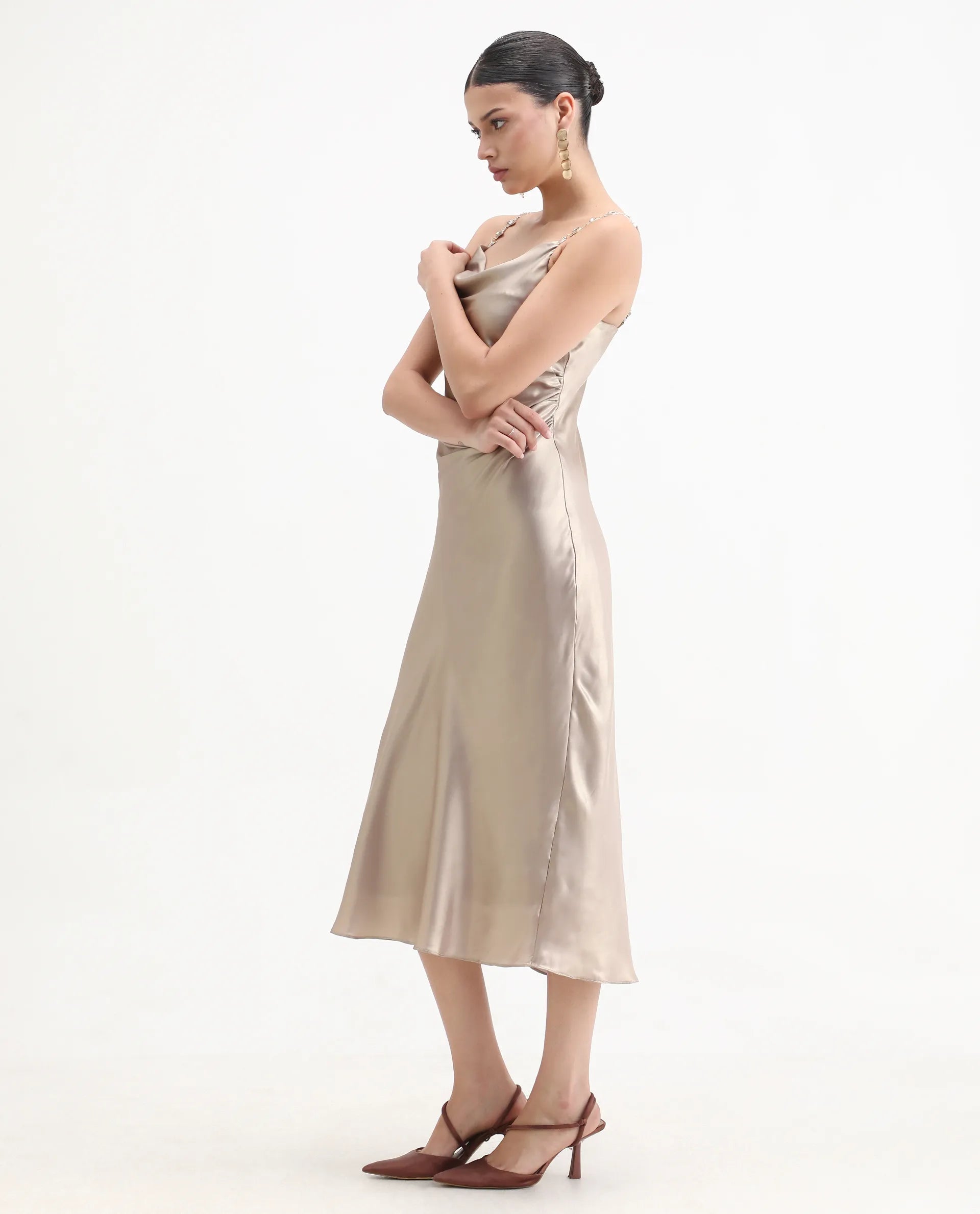 Rareism Women's Avita Beige Polyester Shoulder Straps Fit And Flare Plain Dress