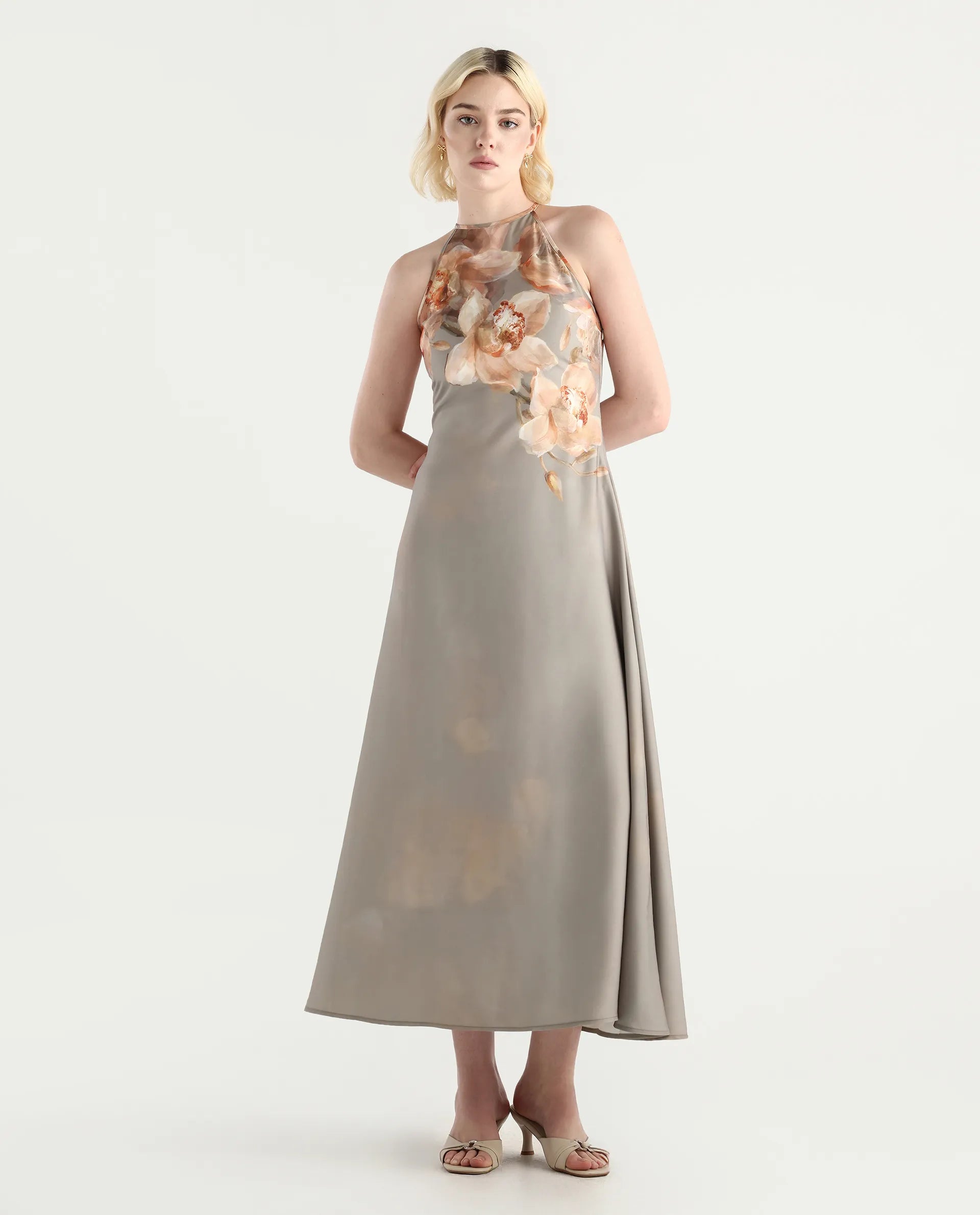 Rareism Women's Avitin Multi Polyester Shoulder Straps A-Line Floral Print Dress