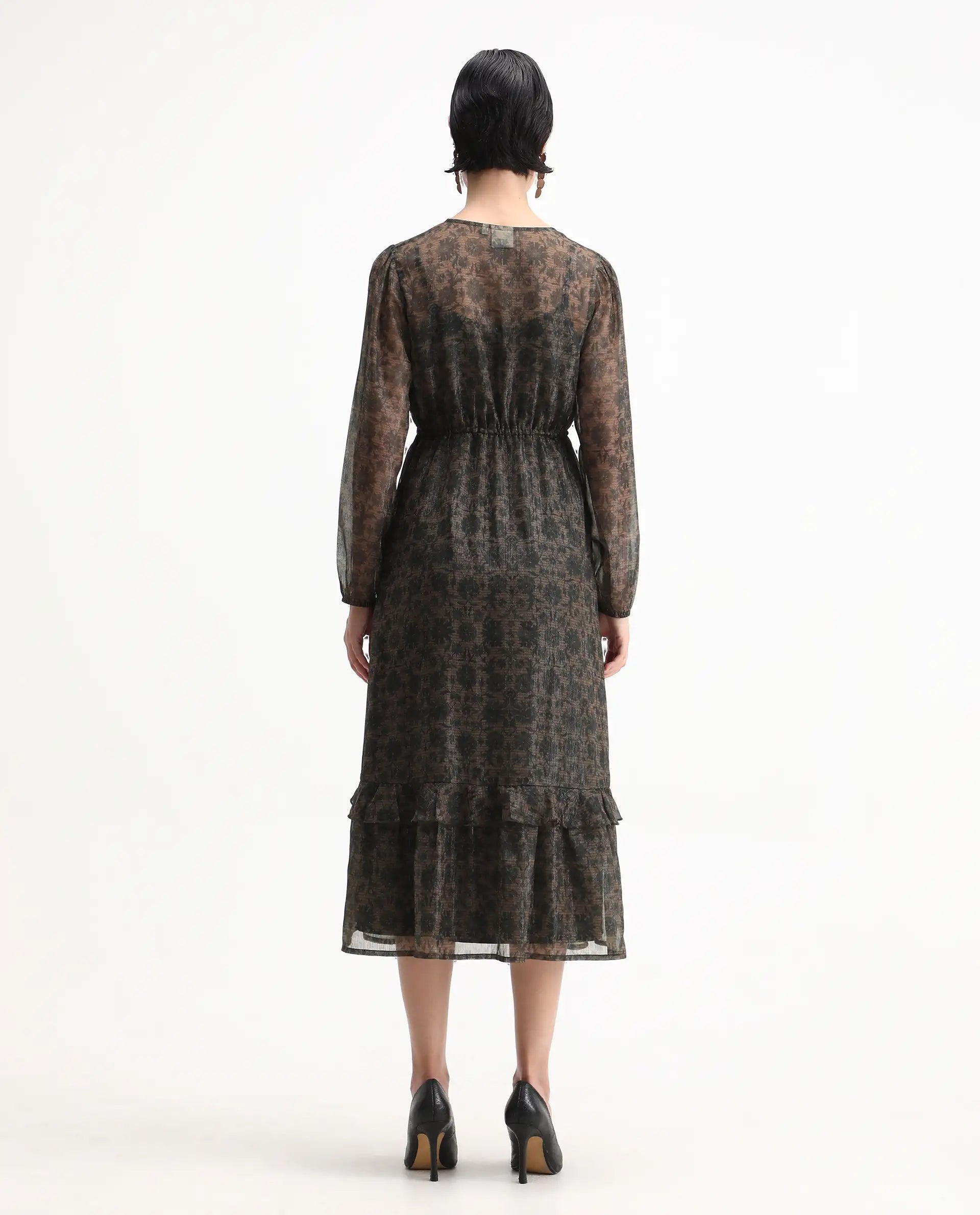 Rareism Women's Aviup Olive Polyester V-Neck Fit And Flare Floral Print Midi Dress