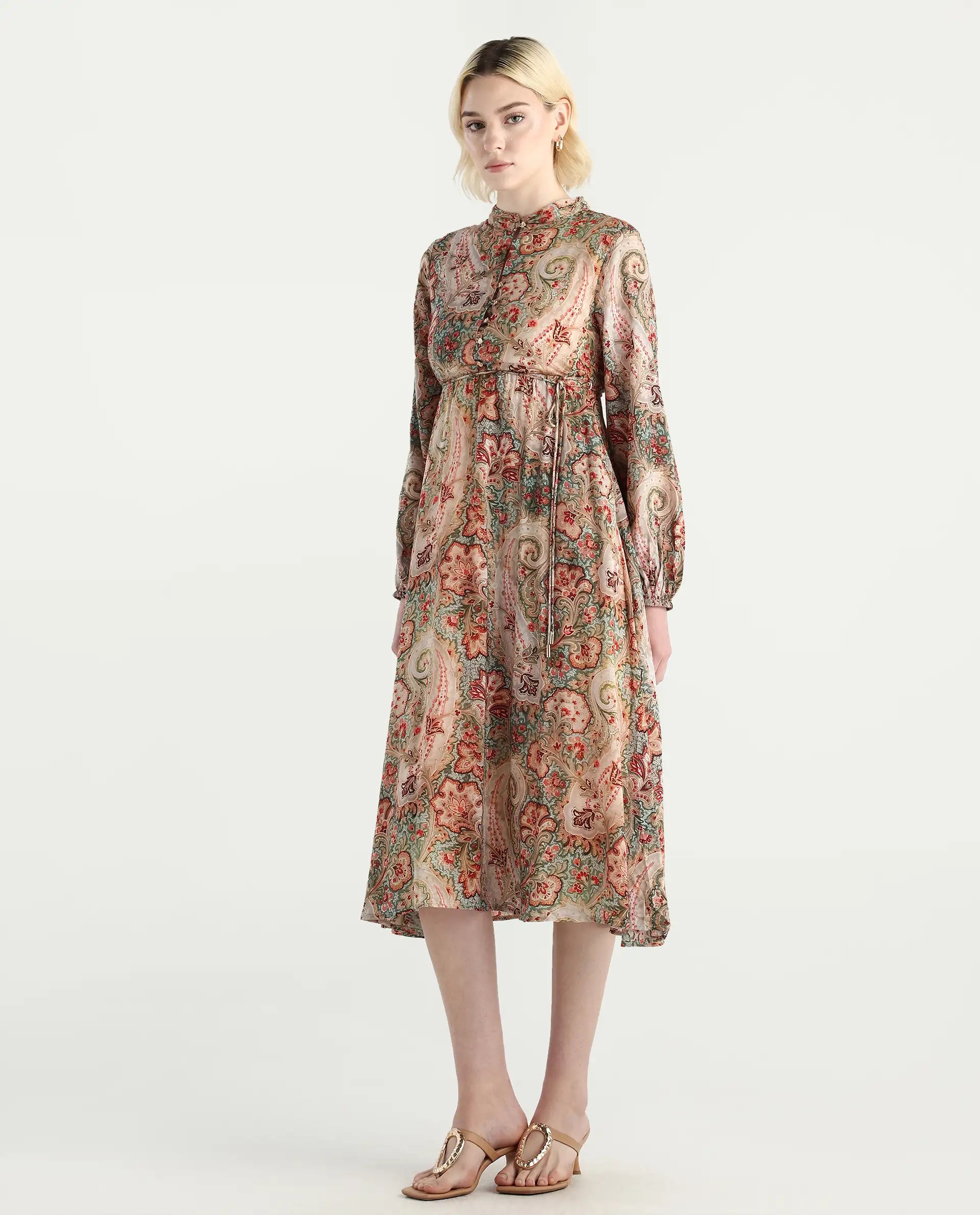 Rareism Women's Aviura Olive 100% Modal Band Collar Fit And Flare Printed Midi Dress
