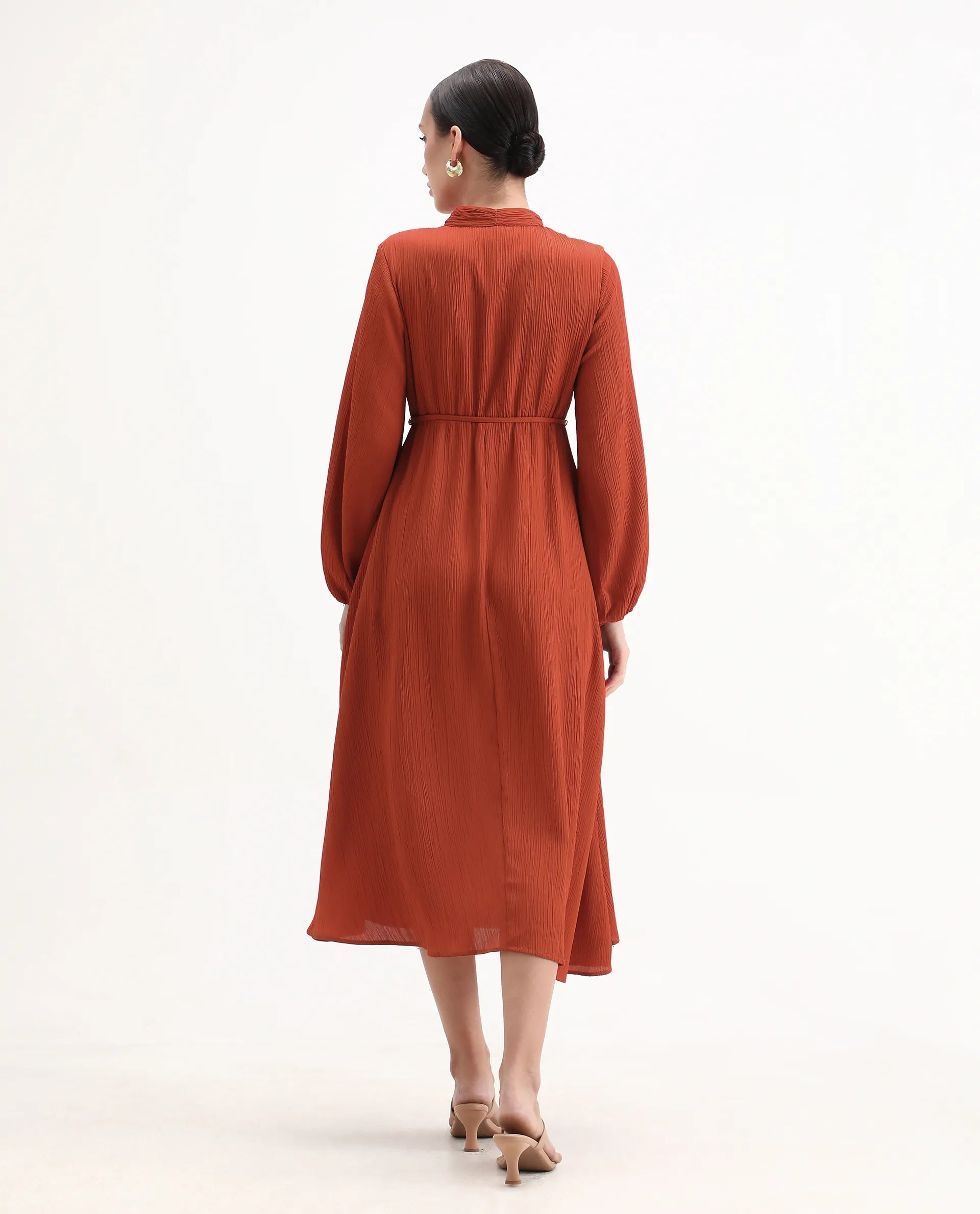 Rareism Women's Aviure Rust Polyester Band Collar Fit And Flare Plain Midi Dress