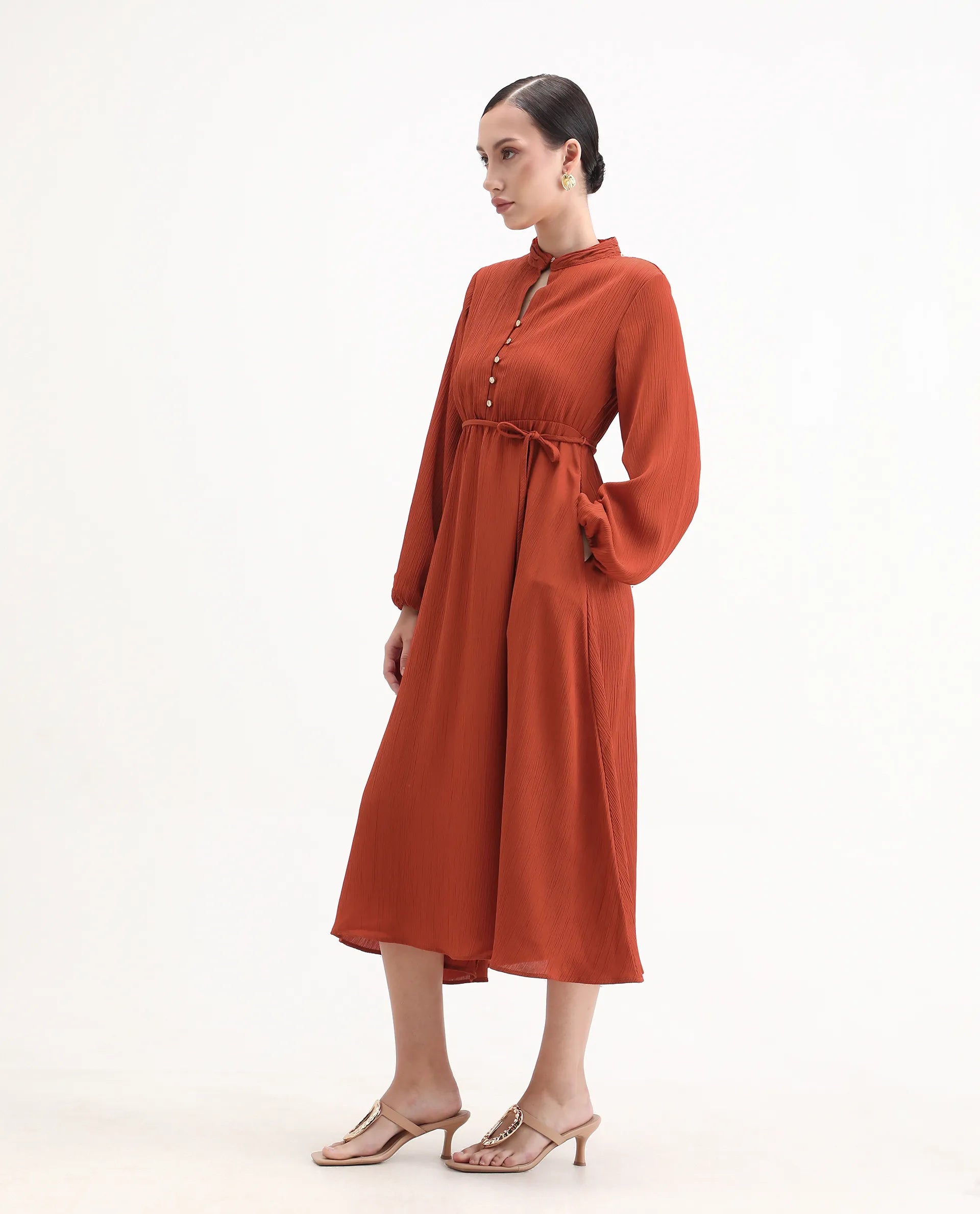 Rareism Women's Aviure Rust Polyester Band Collar Fit And Flare Plain Midi Dress