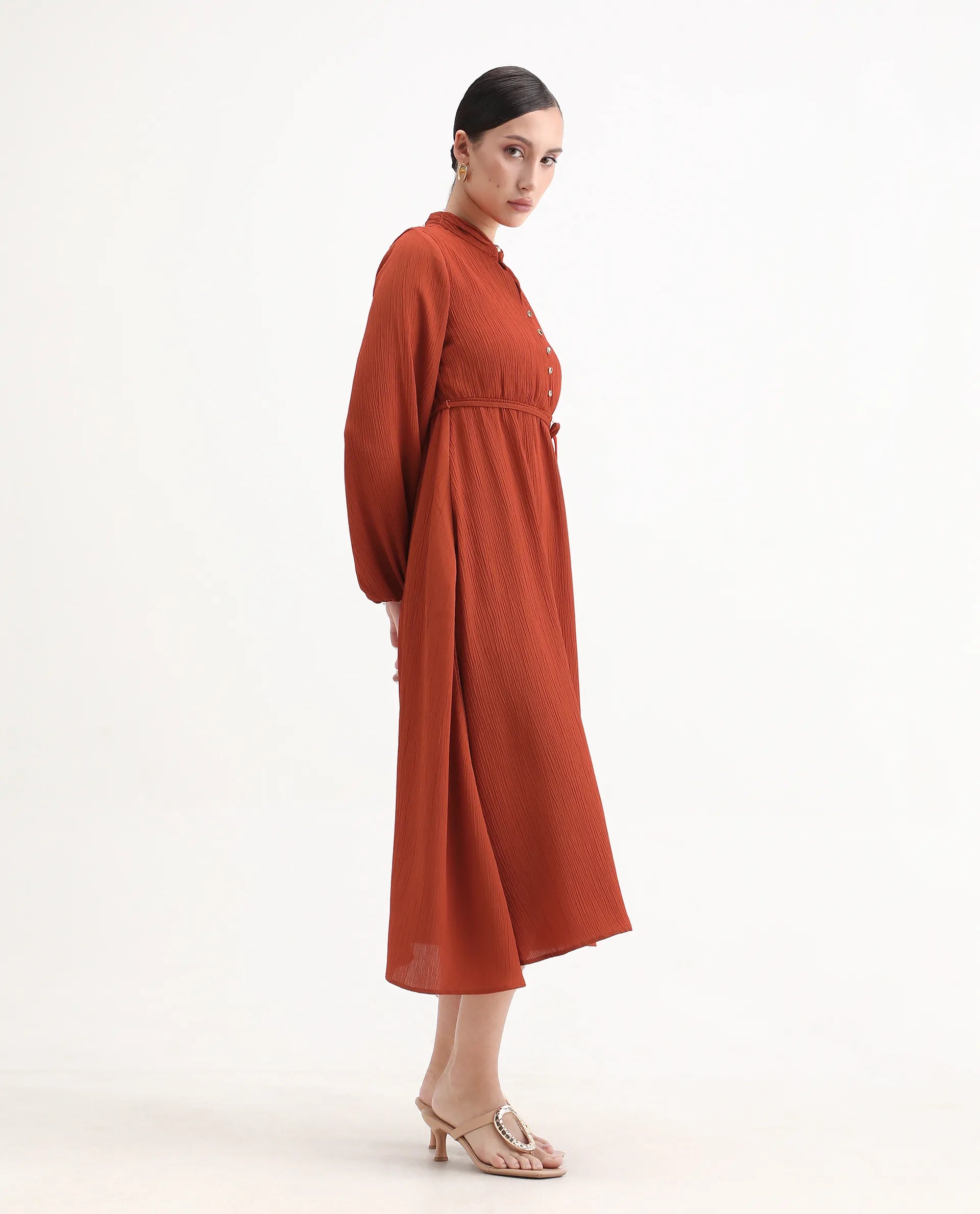 Rareism Women's Aviure Rust Polyester Band Collar Fit And Flare Plain Midi Dress