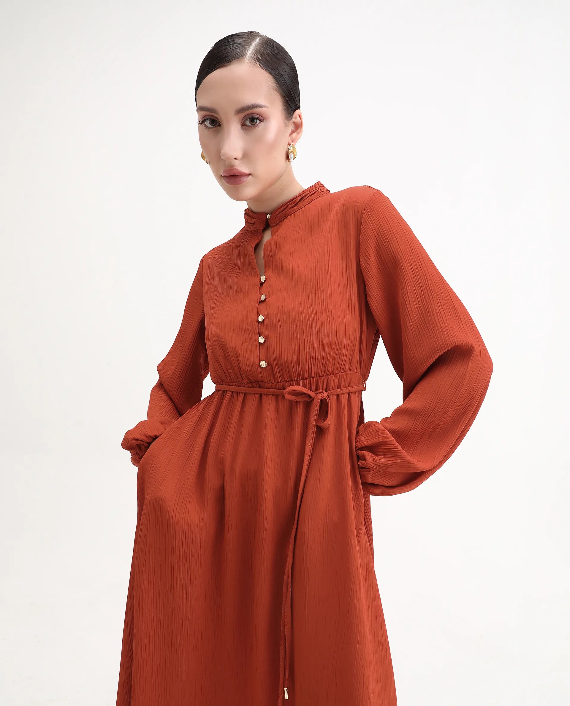 Rareism Women's Aviure Rust Polyester Band Collar Fit And Flare Plain Midi Dress