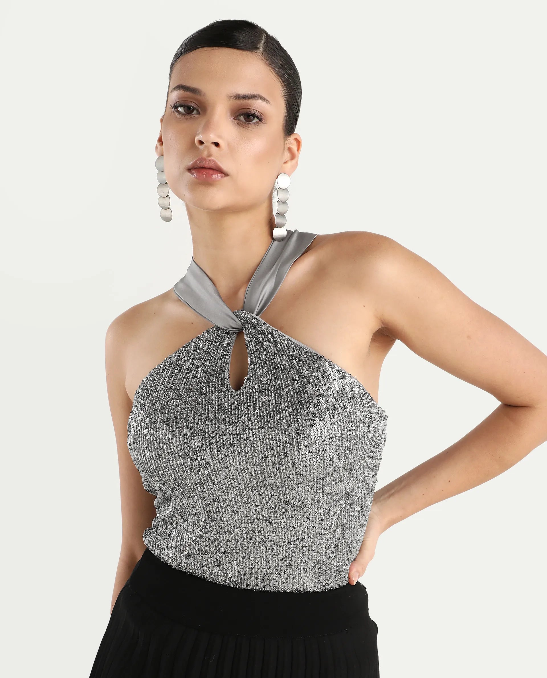 Rareism Women's Aviv Metallic Grey Polyester Halter Neck Sequined Sleeveless Regular Fit Top
