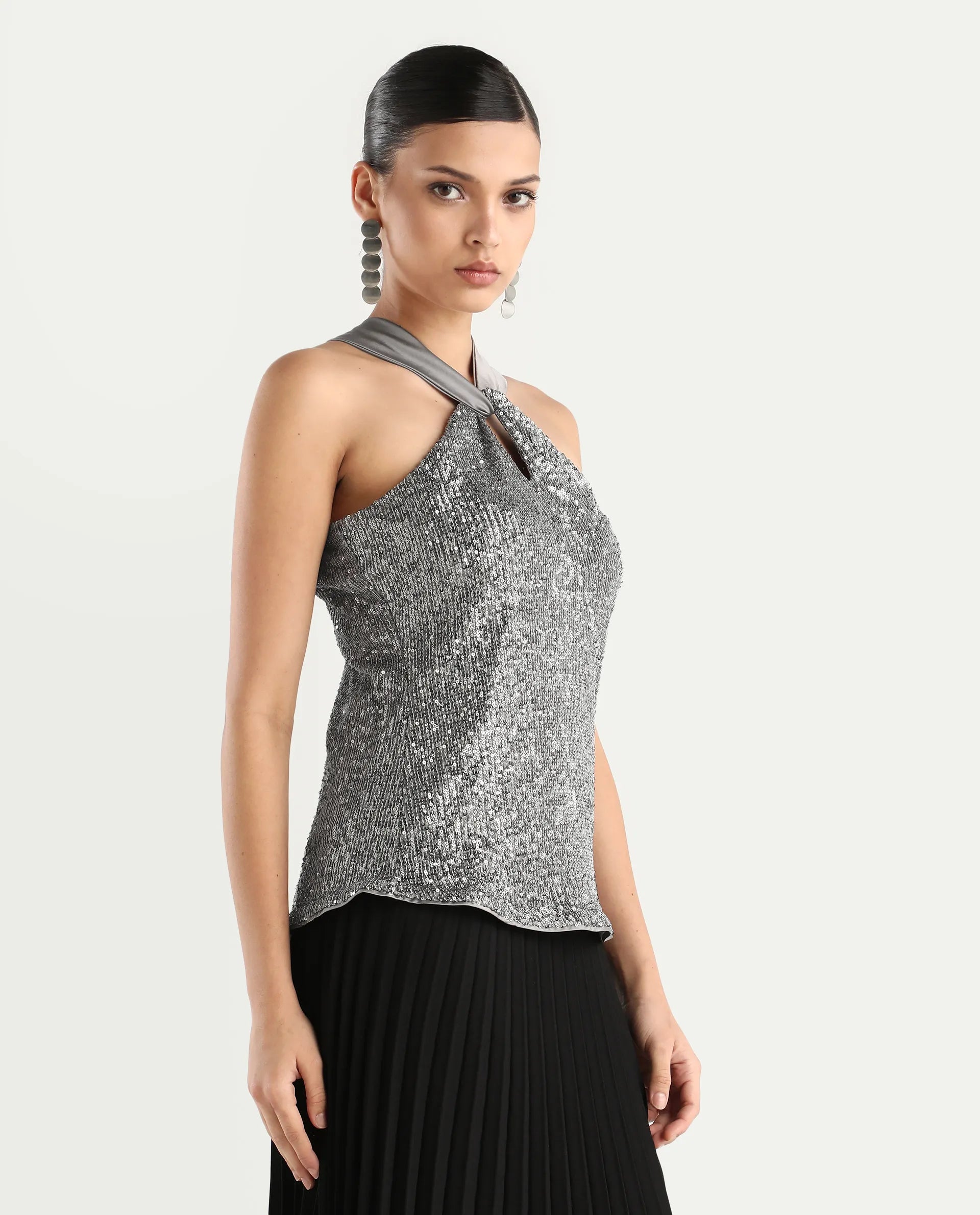 Rareism Women's Aviv Metallic Grey Polyester Halter Neck Sequined Sleeveless Regular Fit Top