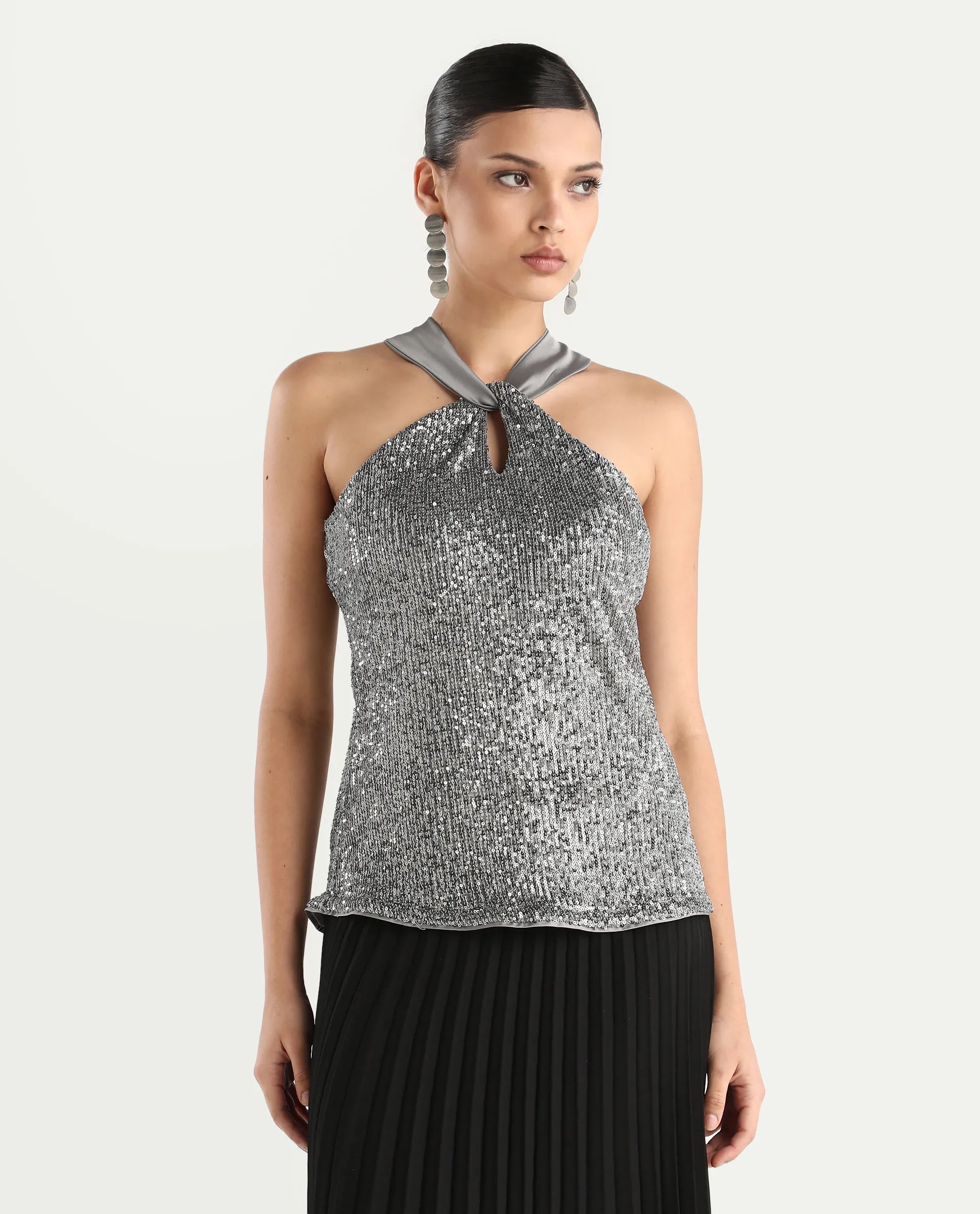 Rareism Women's Aviv Metallic Grey Polyester Halter Neck Sequined Sleeveless Regular Fit Top