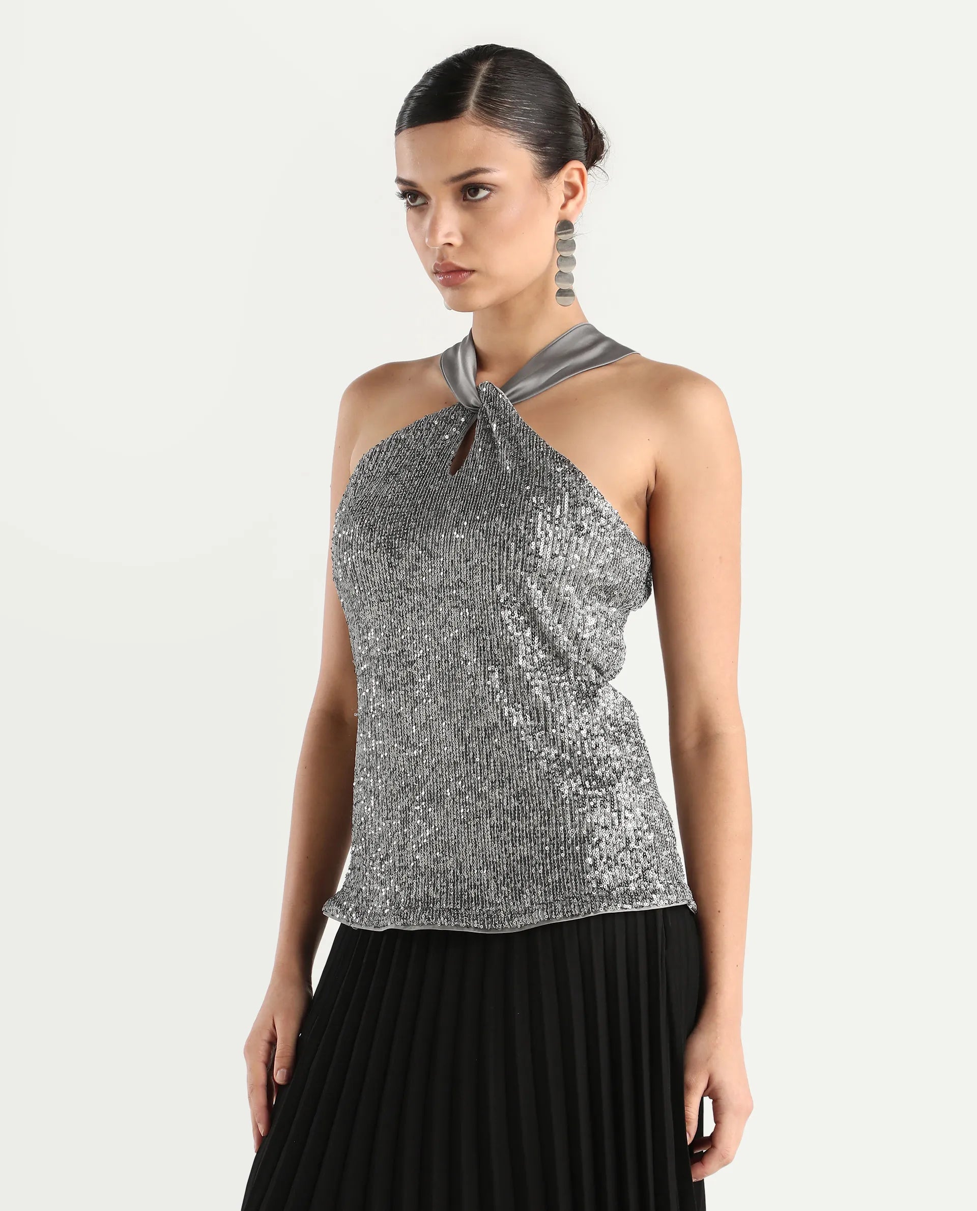 Rareism Women's Aviv Metallic Grey Polyester Halter Neck Sequined Sleeveless Regular Fit Top