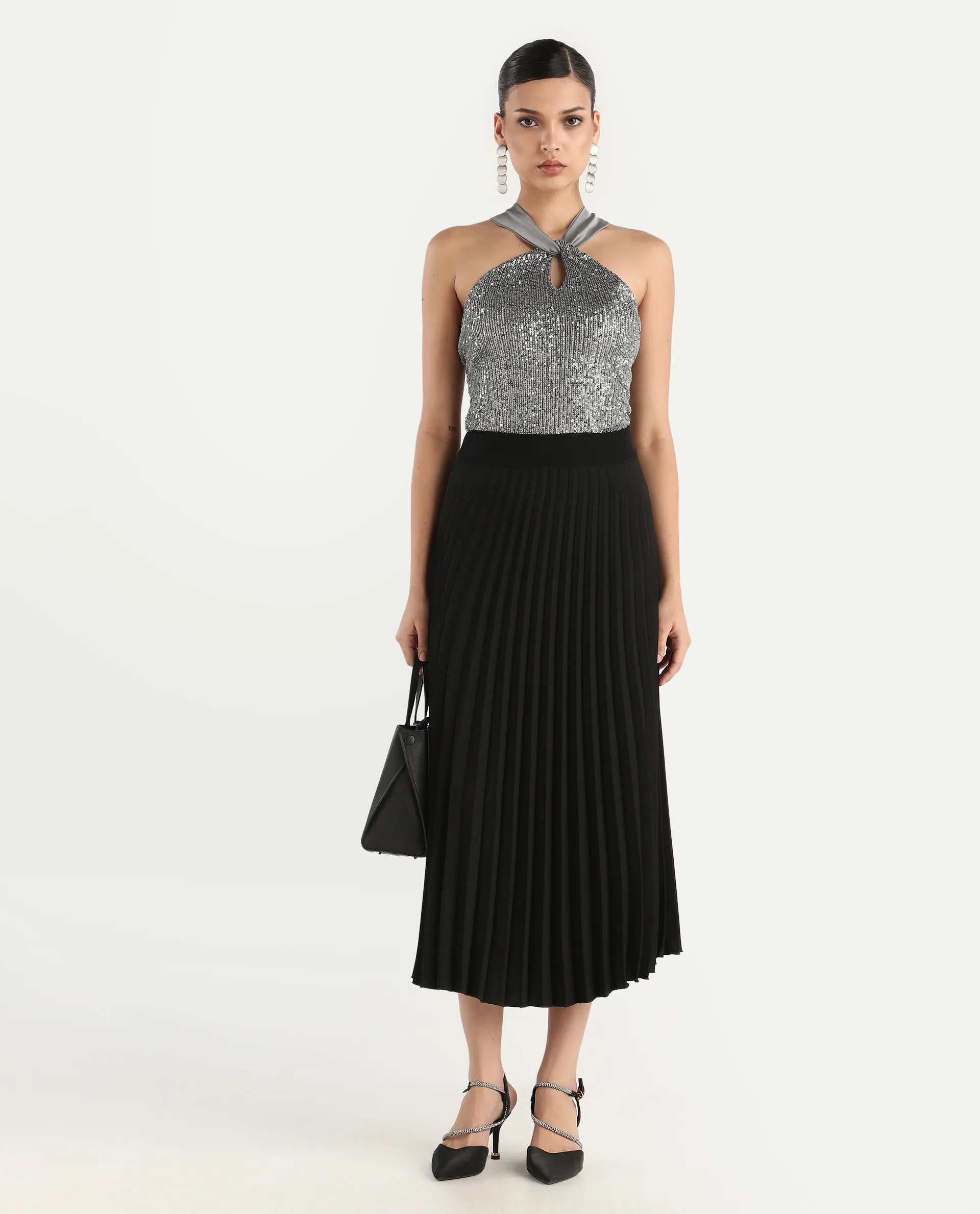 Rareism Women's Aviv Metallic Grey Polyester Halter Neck Sequined Sleeveless Regular Fit Top