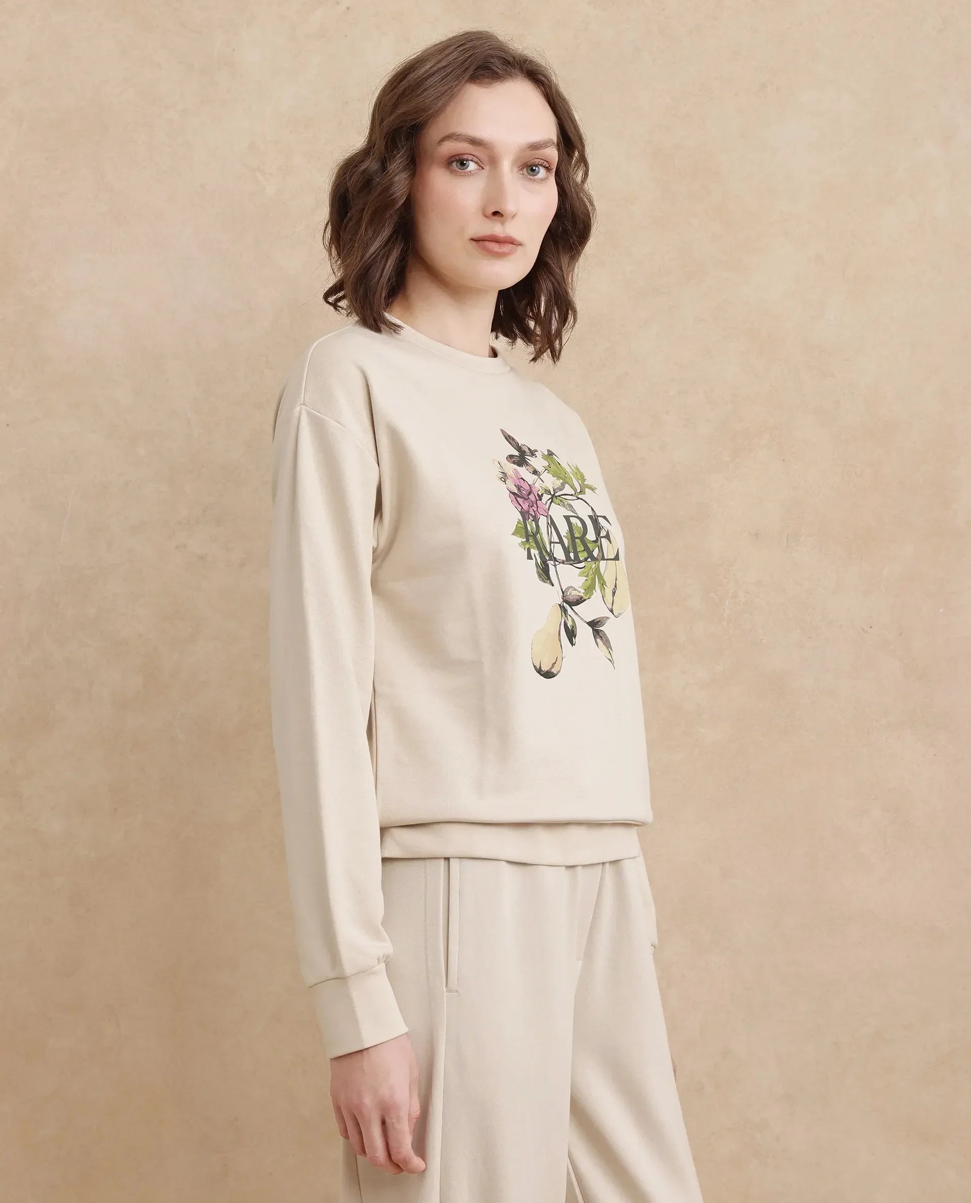Rareism Women Avoca Beige Cotton Poly Fabric Full Sleeve Crew Neck Regular Fit Floral Print Sweatshirt