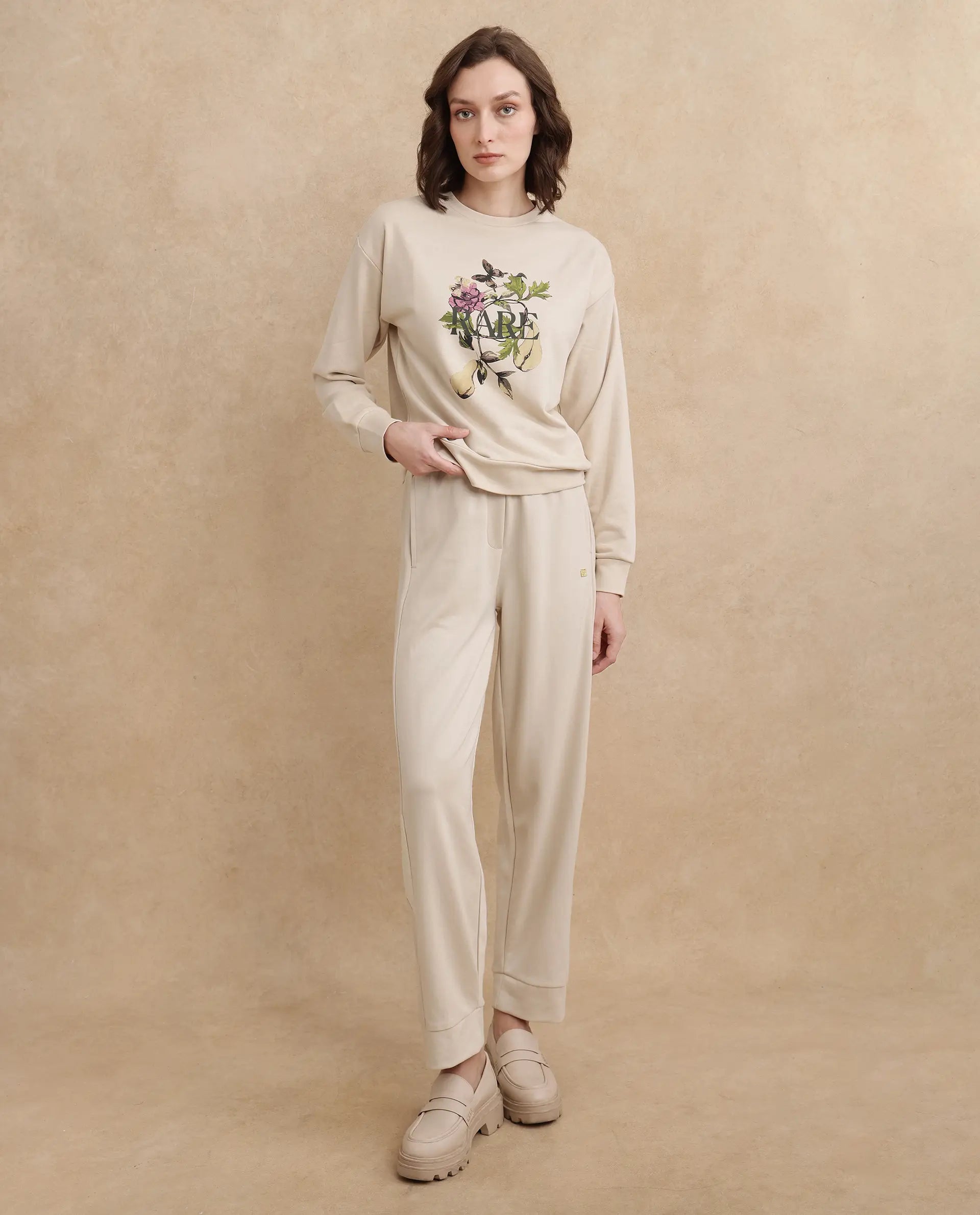 Rareism Women Avoca Beige Cotton Poly Fabric Full Sleeve Crew Neck Regular Fit Floral Print Sweatshirt