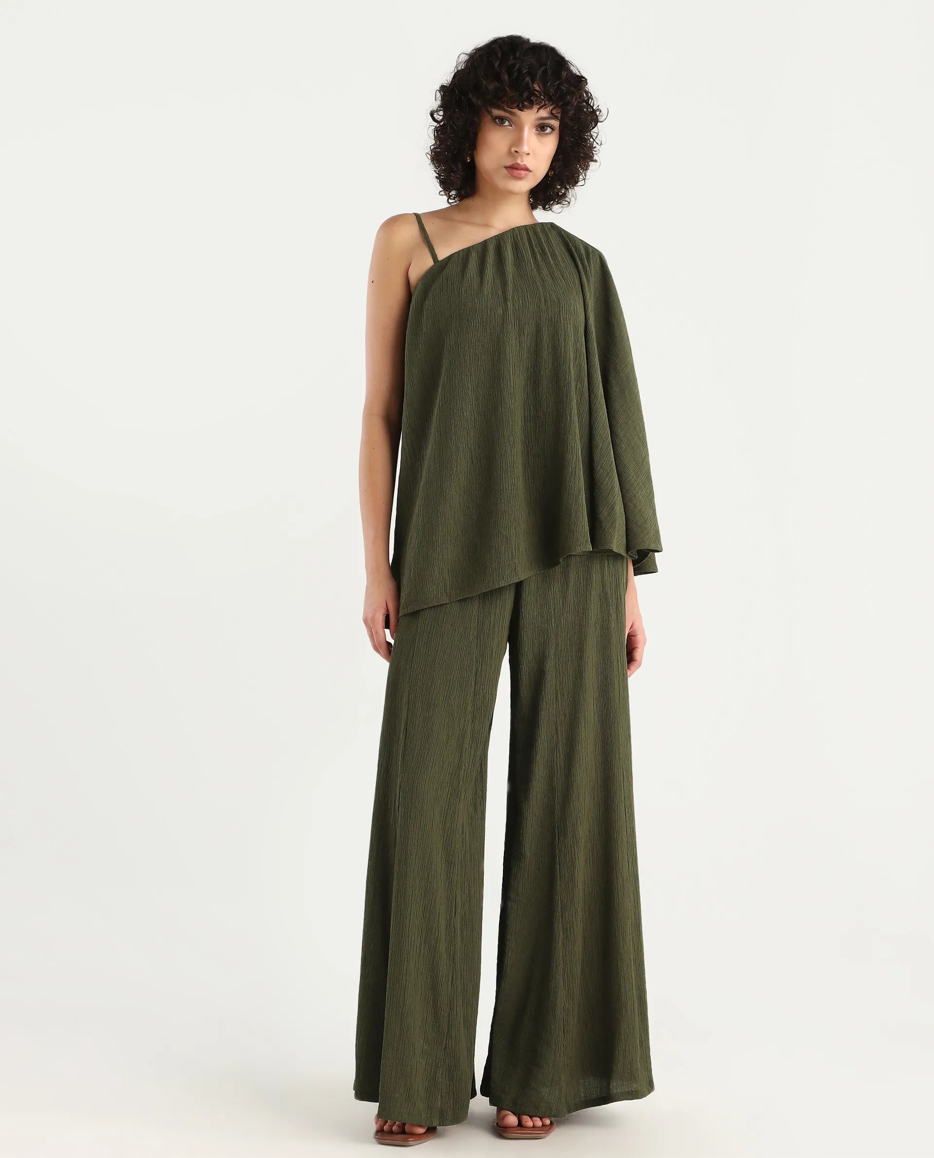 Rareism Women's Aviok-B Olive Nylon Blend Flared Plain Trouser