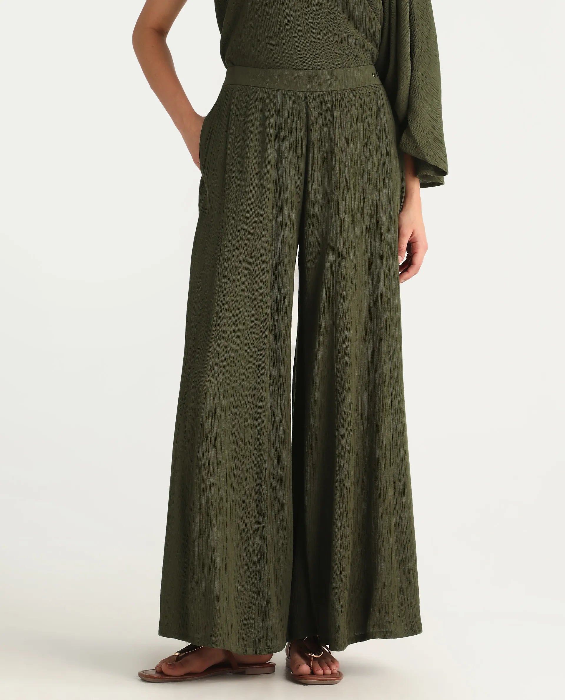 Rareism Women's Aviok-B Olive Nylon Blend Flared Plain Trouser