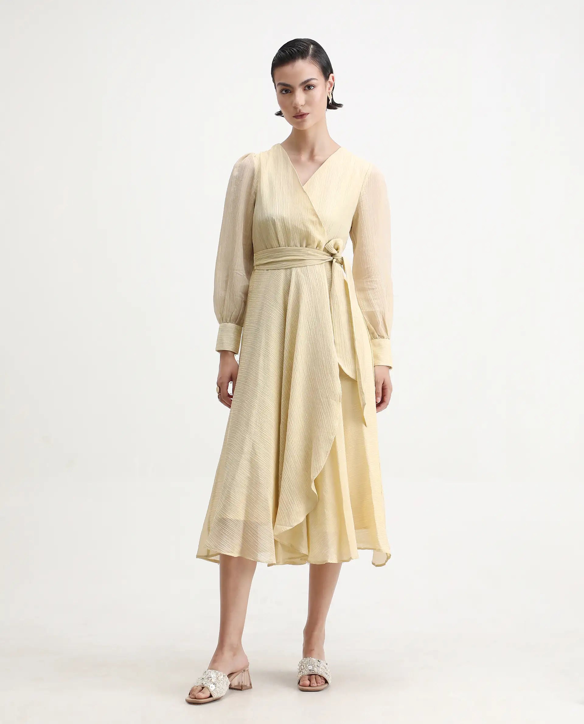 Rareism Women's Avsi Gold Viscose Wrap Neck Fit And Flare Plain Midi Dress