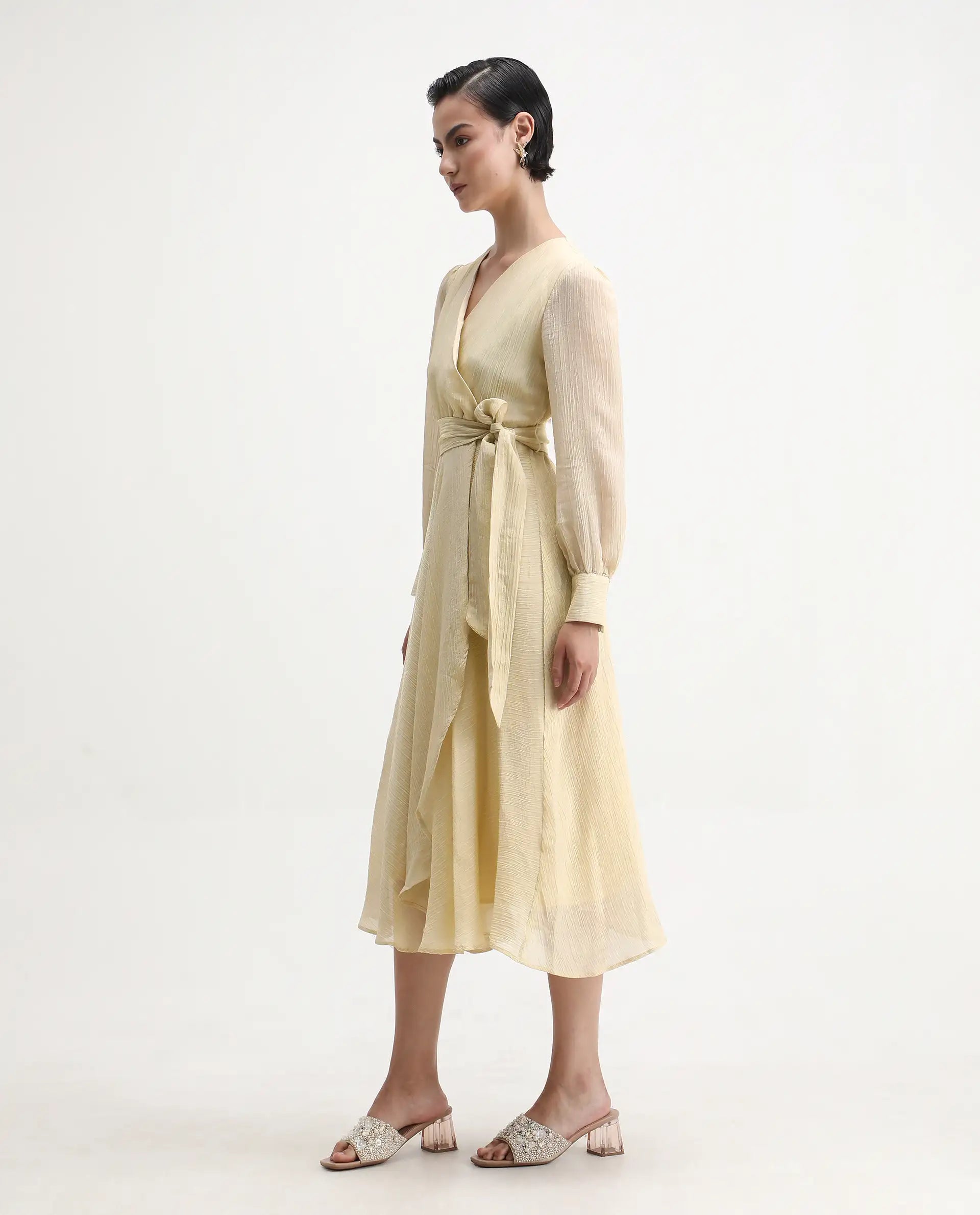 Rareism Women's Avsi Gold Viscose Wrap Neck Fit And Flare Plain Midi Dress