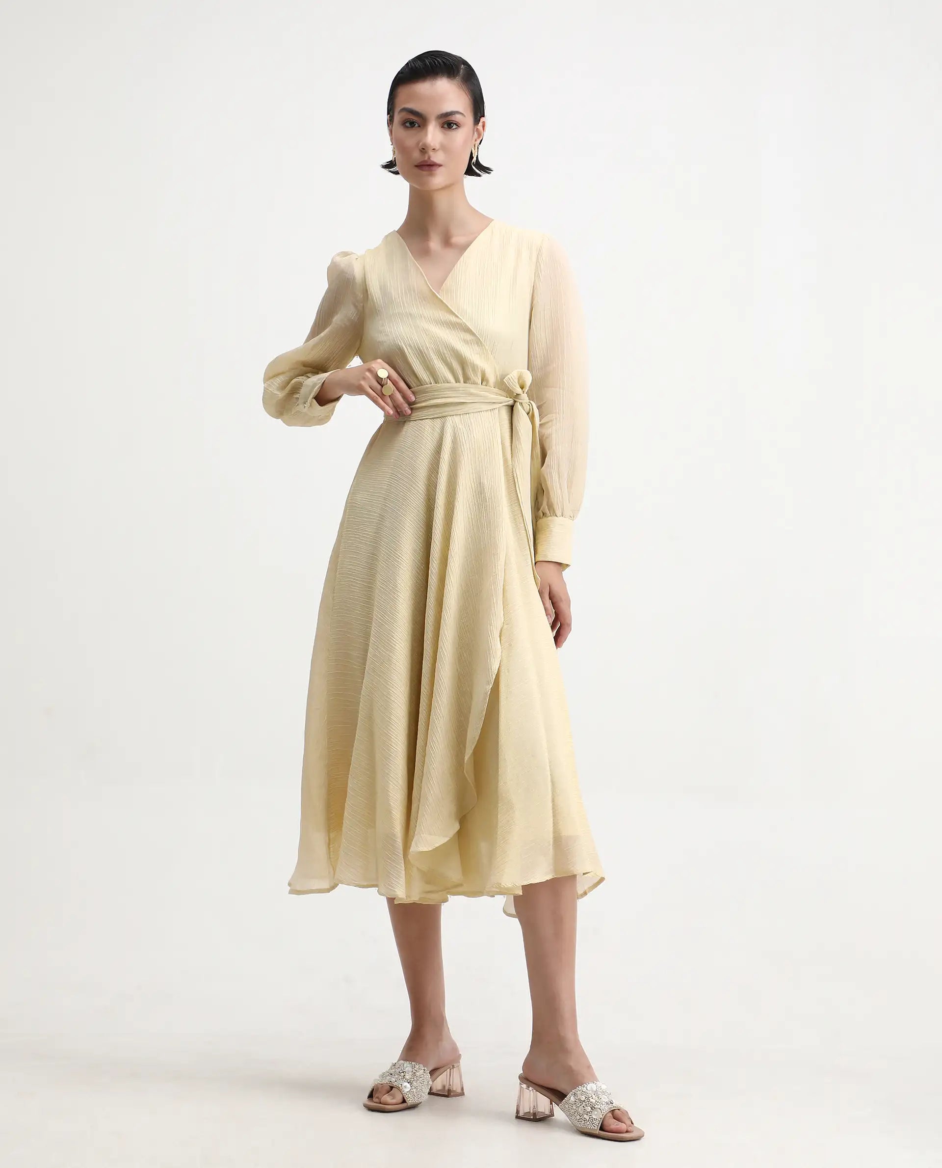 Rareism Women's Avsi Gold Viscose Wrap Neck Fit And Flare Plain Midi Dress