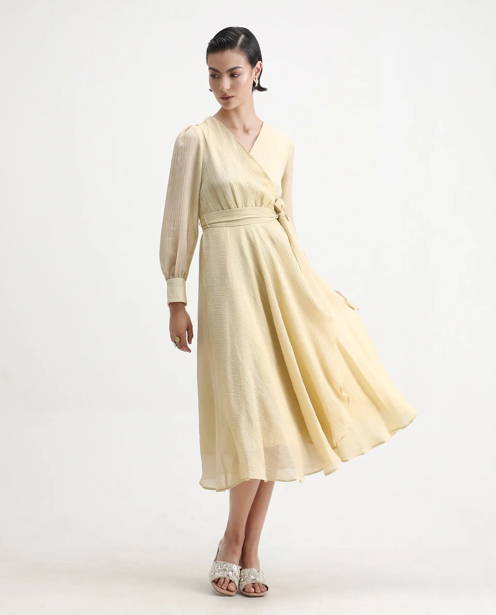 Rareism Women's Avsi Gold Viscose Wrap Neck Fit And Flare Plain Midi Dress
