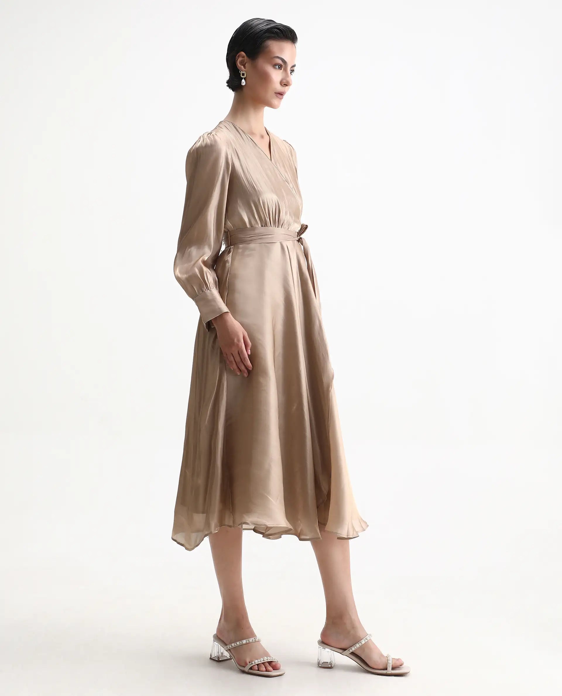 Rareism Women's Avsin Gold Polyester Wrap Neck Fit And Flare Plain Midi Dress