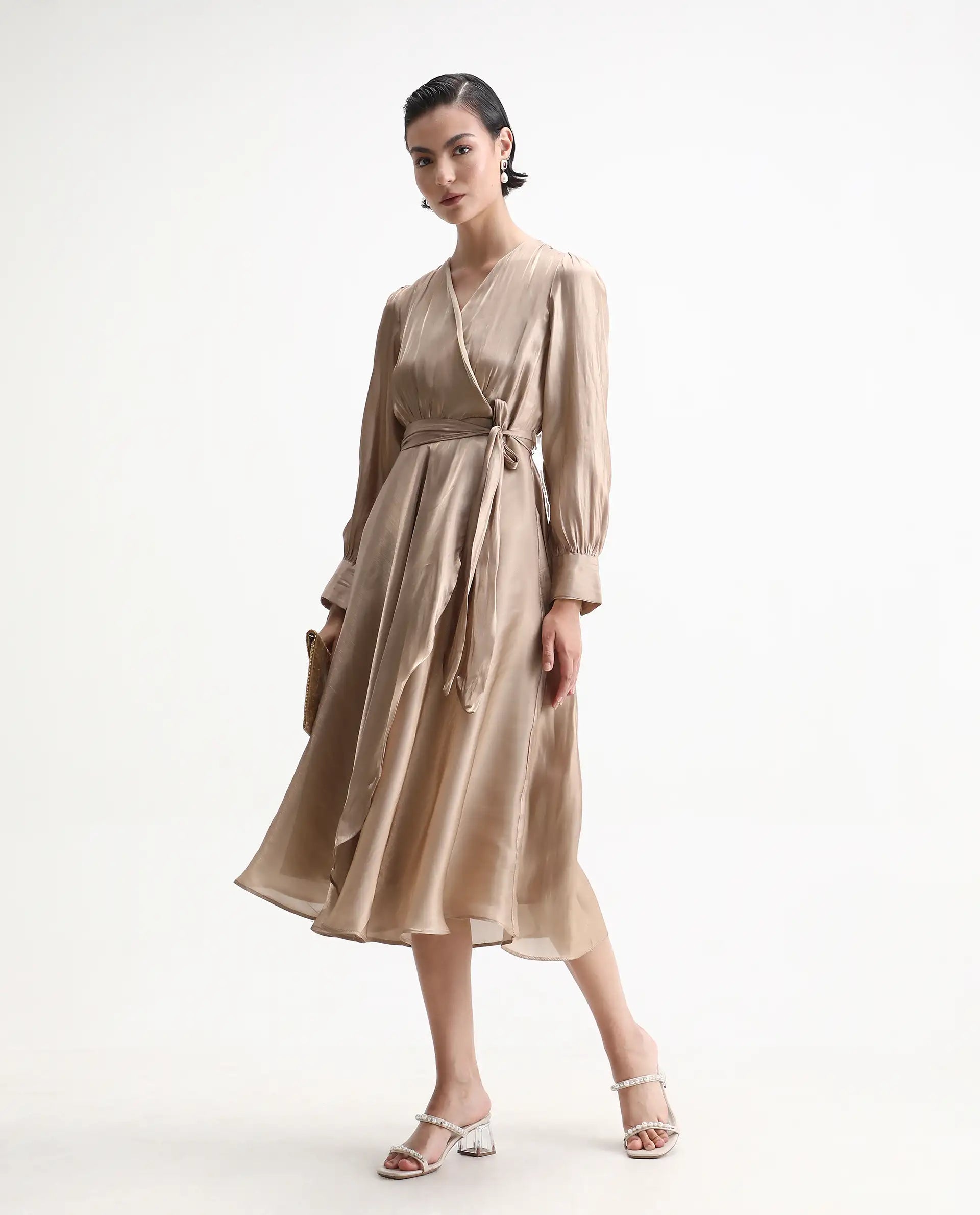 Buy Avsin - Gold Fit And Flared Midi Wrap Dress| Rareism Buy Avsin - Gold Fit And Flared Midi Wrap Dress| Rareism