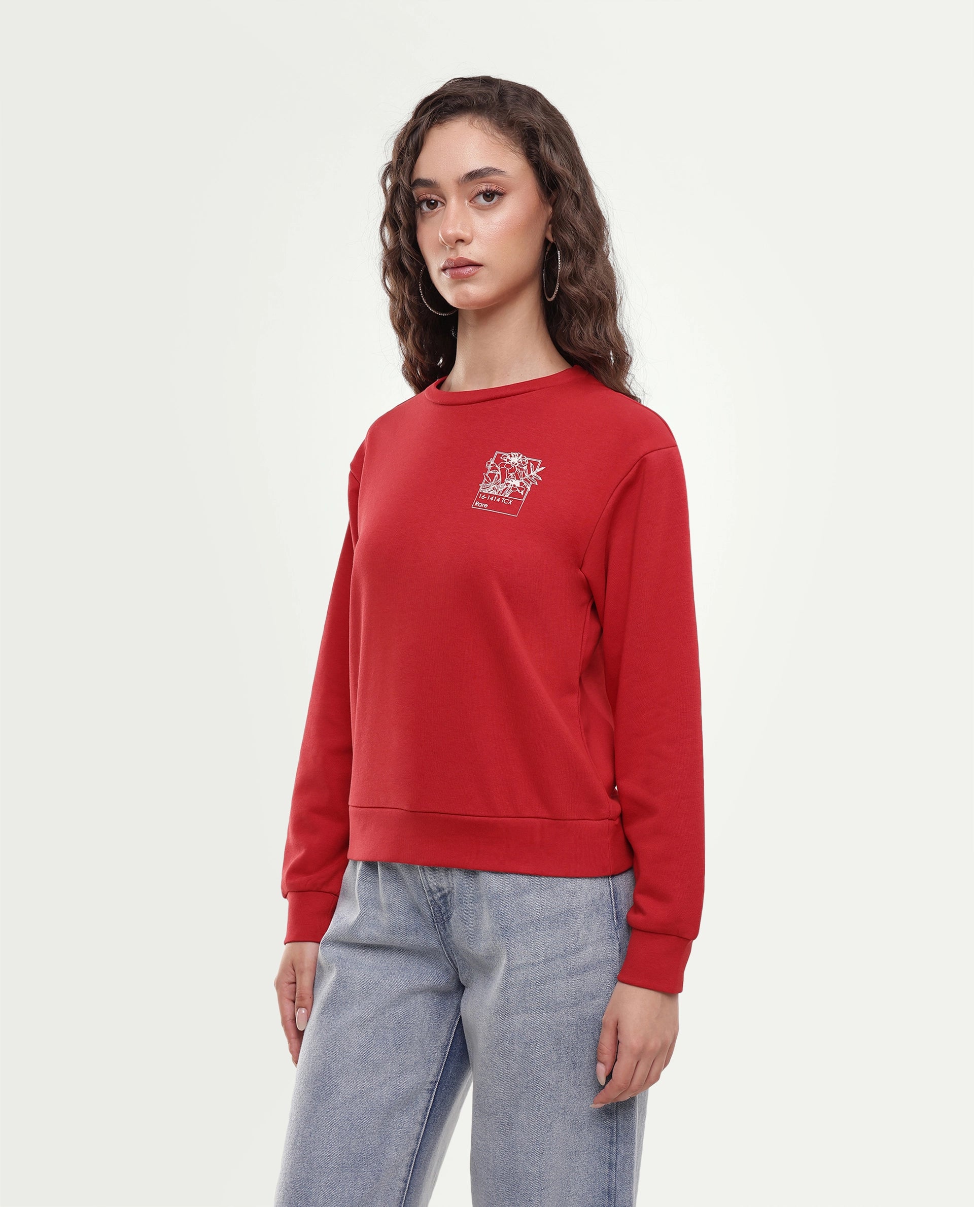 Rareism Women's Pluck Red Cotton Blend Pull-On Relaxed Fit Printed Sweatshirt