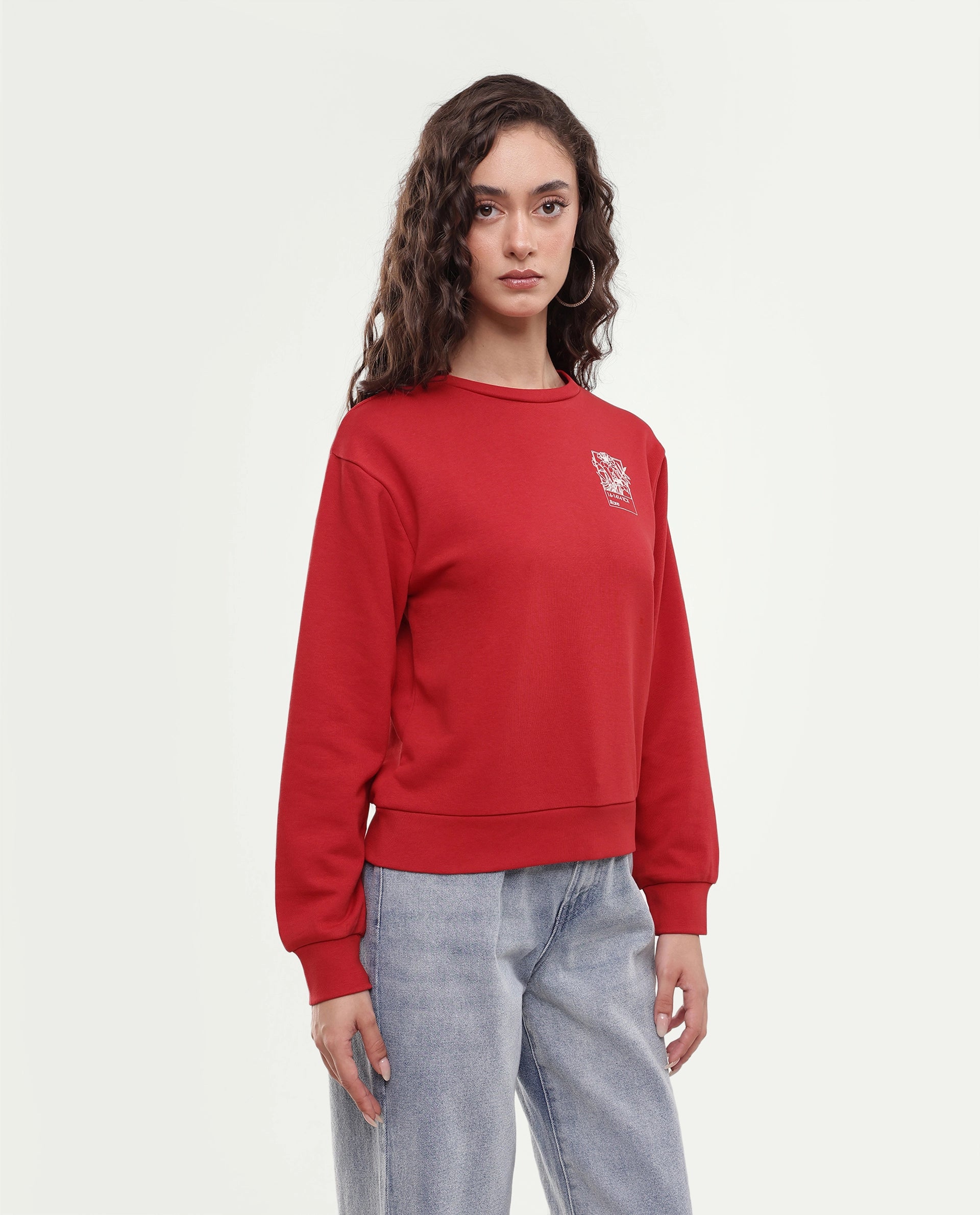 Rareism Women's Pluck Red Cotton Blend Pull-On Relaxed Fit Printed Sweatshirt
