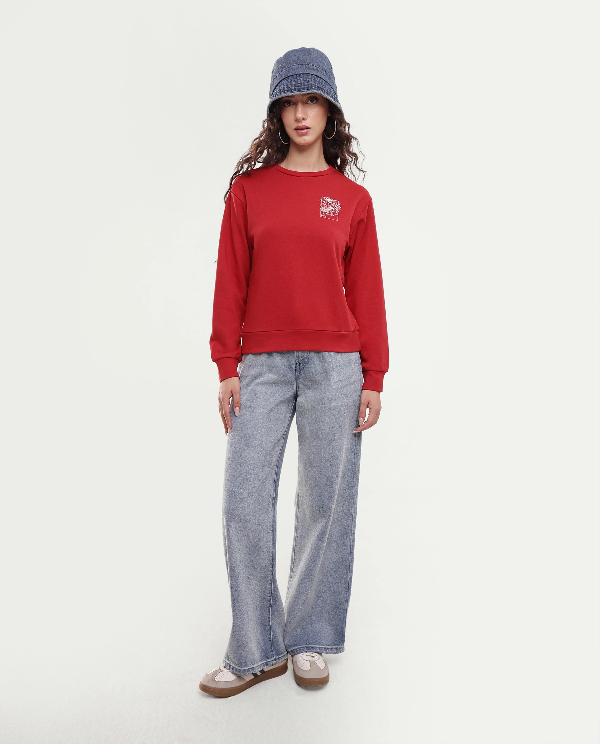 Rareism Women's Pluck Red Cotton Blend Pull-On Relaxed Fit Printed Sweatshirt