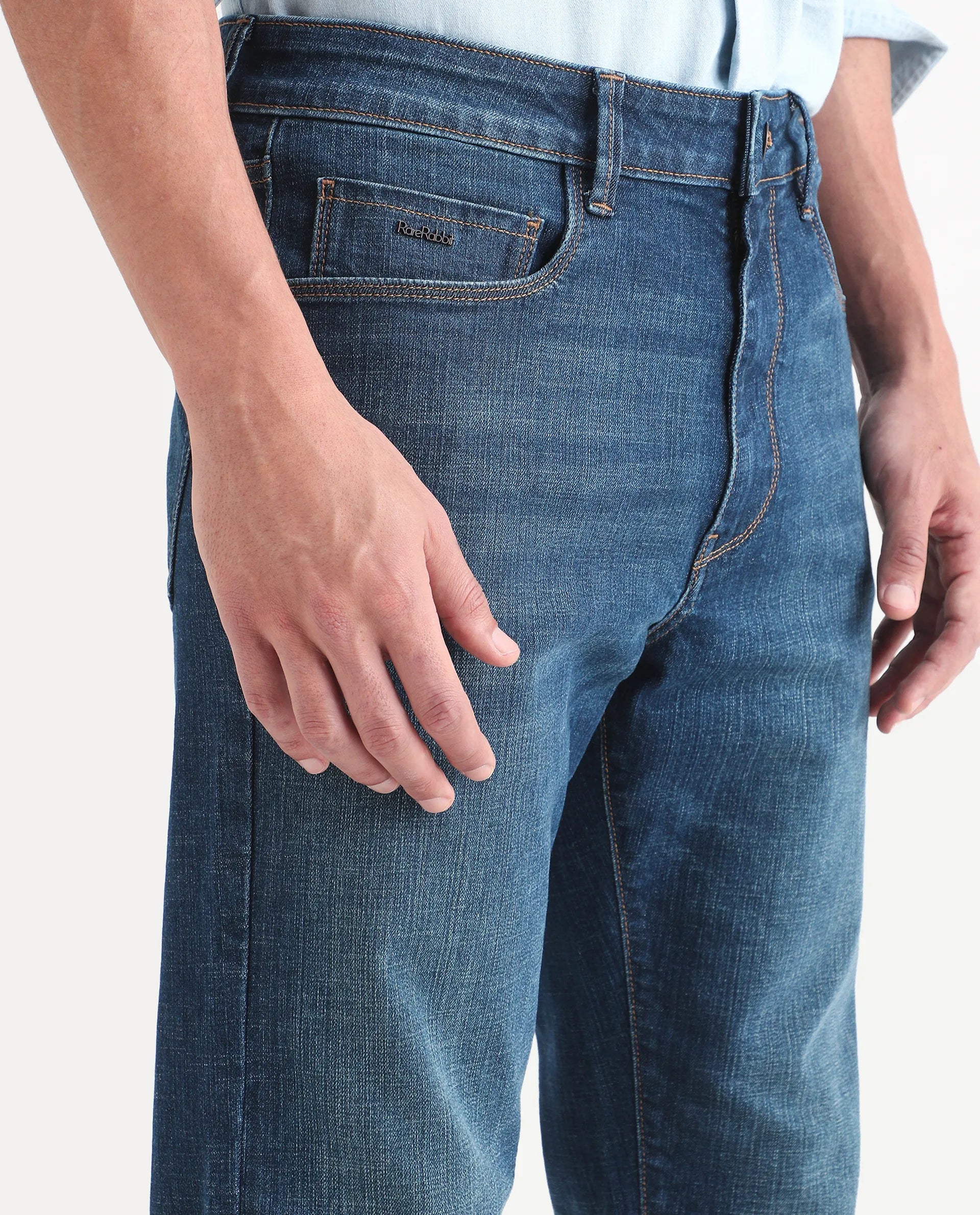 Rare Rabbit Men's Axel M Blue Cotton Blend Morris Regular Fit Plain Jeans
