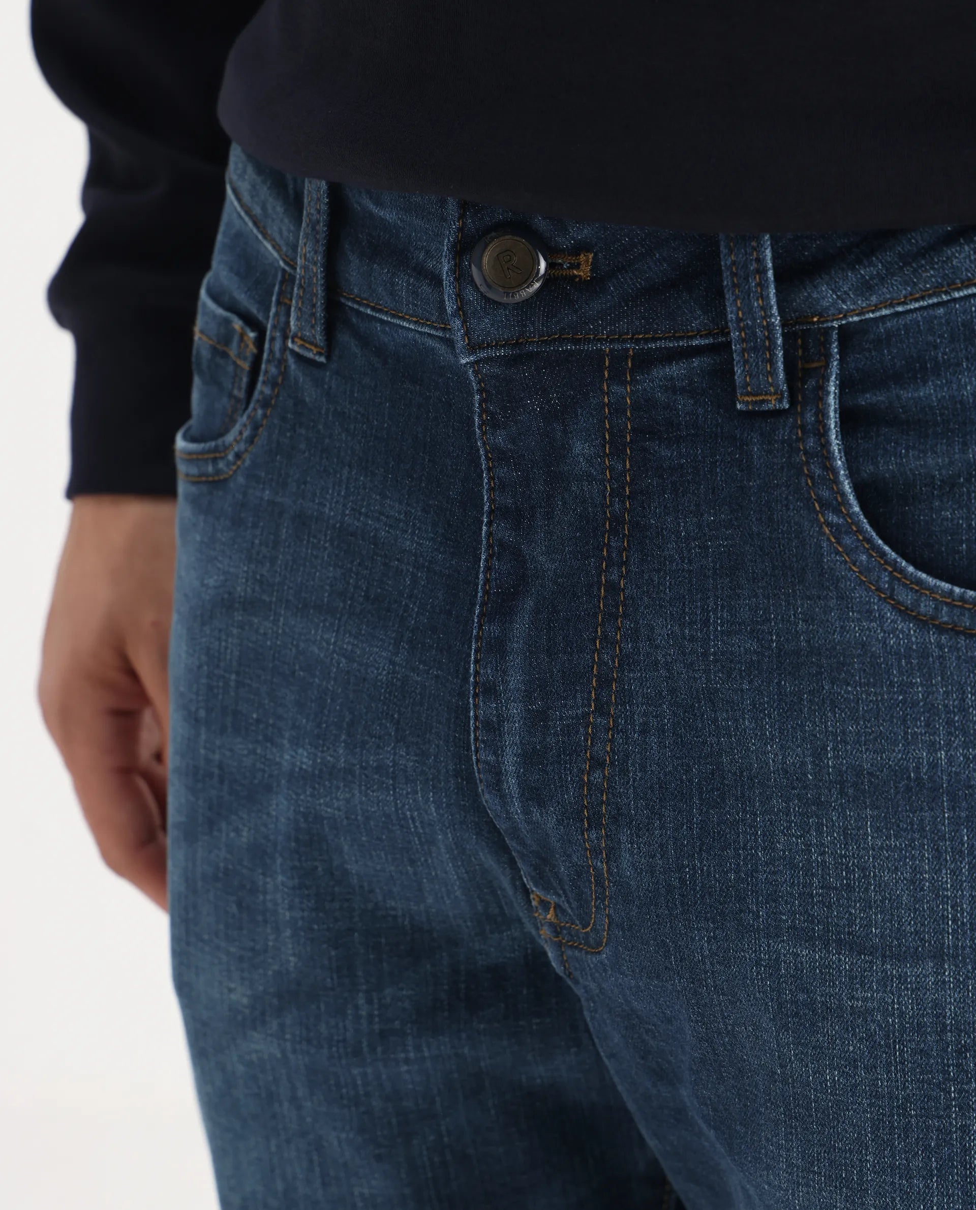 Rare Rabbit Men's Axel Blue Cotton Blend Plain Morris Regular Fit Jeans