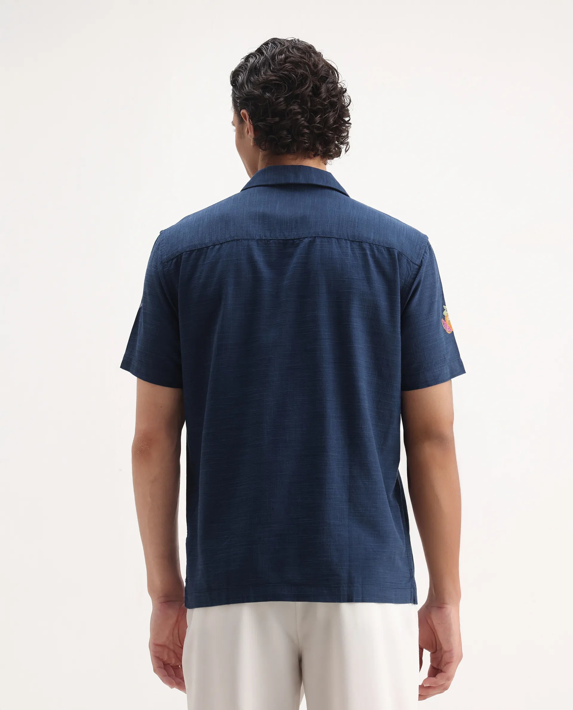 Rare Rabbit Men's Axels Navy Cotton Blend Embroidered Relaxed Fit Half Sleeve Cuban Collar Shirt