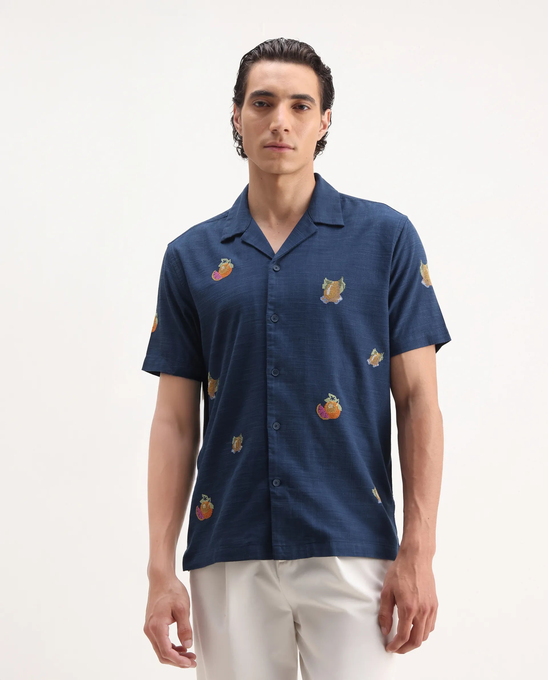 Rare Rabbit Men's Axels Navy Cotton Blend Embroidered Relaxed Fit Half Sleeve Cuban Collar Shirt