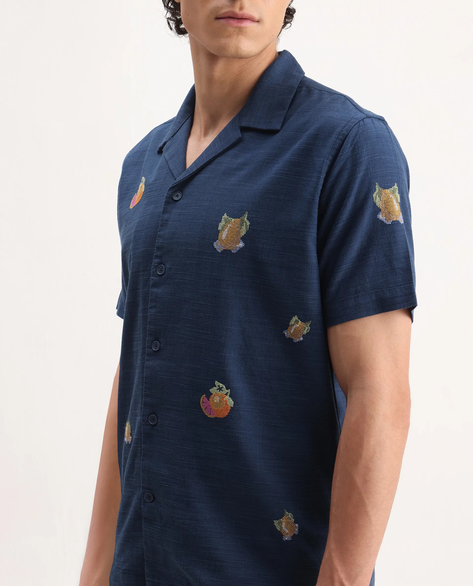 Rare Rabbit Men's Axels Navy Cotton Blend Embroidered Relaxed Fit Half Sleeve Cuban Collar Shirt