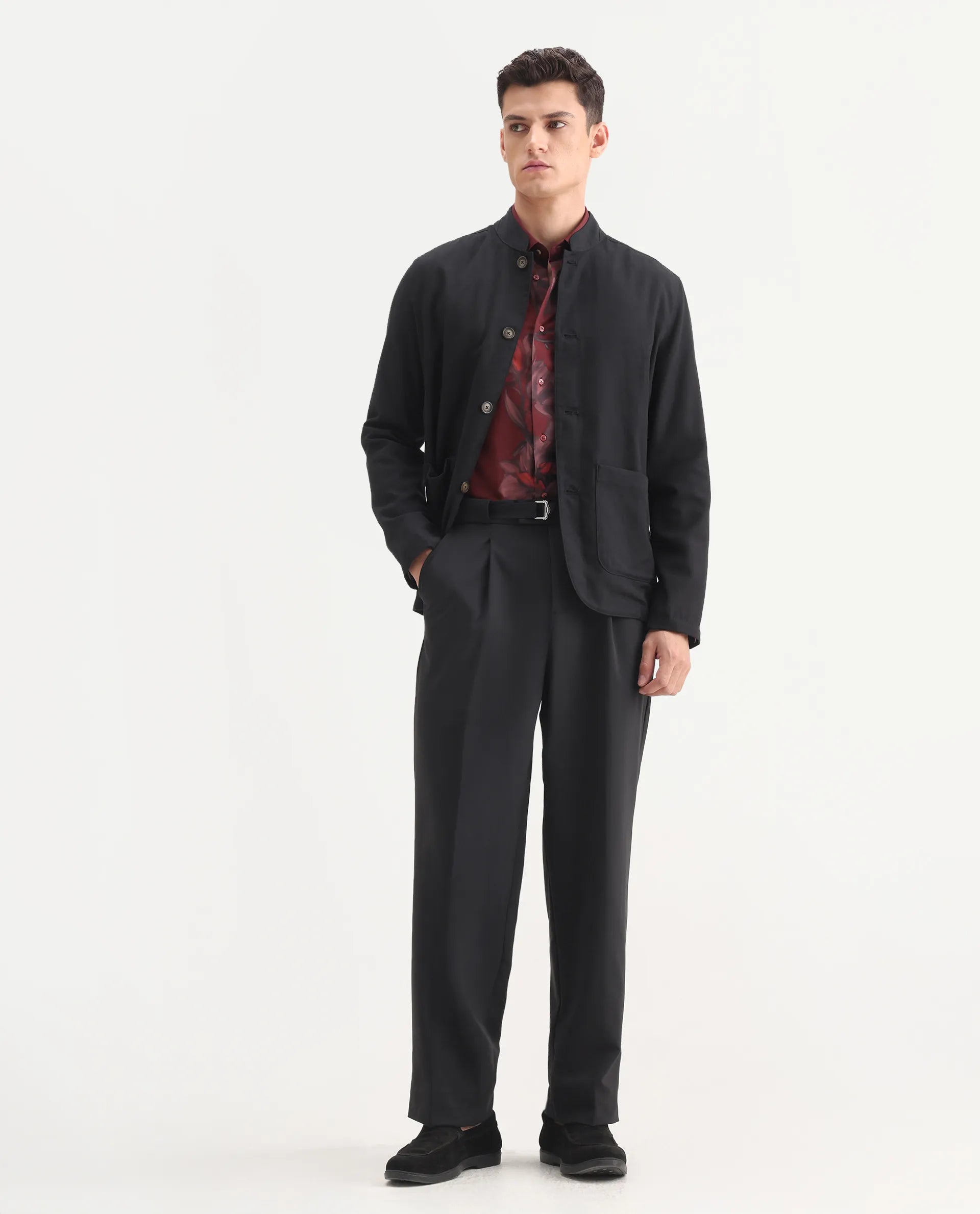 Rare Rabbit Men's Axie Black Cotton Blend Plain Wide Leg Trouser