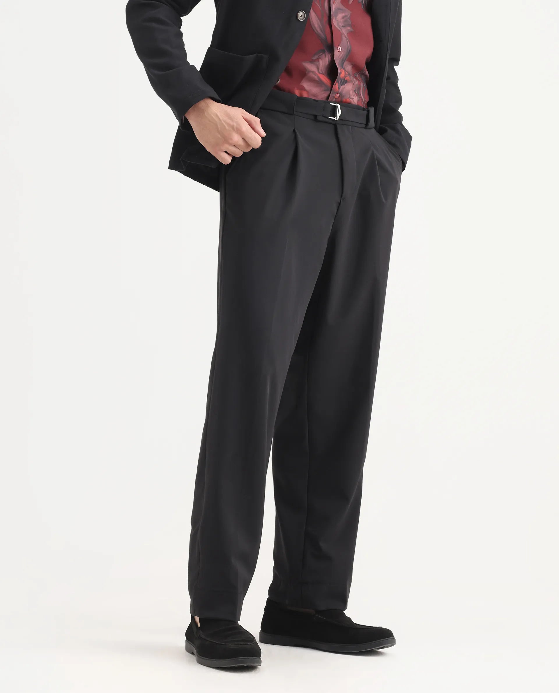 Rare Rabbit Men's Axie Black Cotton Blend Plain Wide Leg Trouser