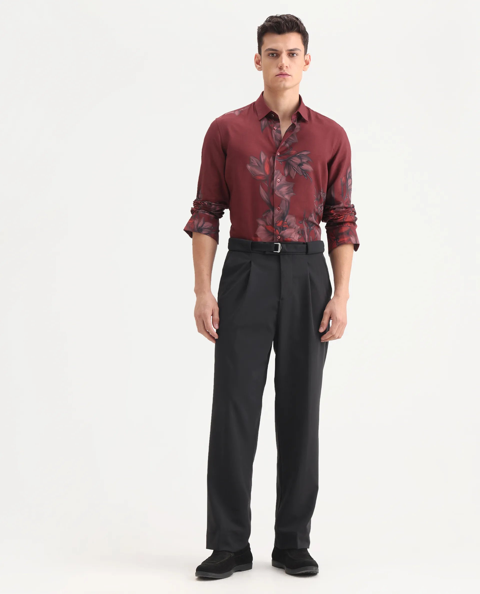 Rare Rabbit Men's Axie Black Cotton Blend Plain Wide Leg Trouser