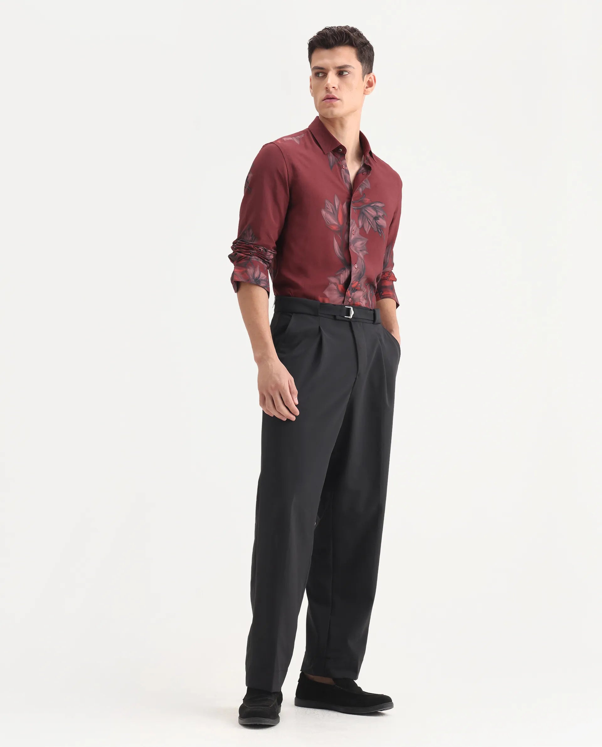 Rare Rabbit Men's Axie Black Cotton Blend Plain Wide Leg Trouser