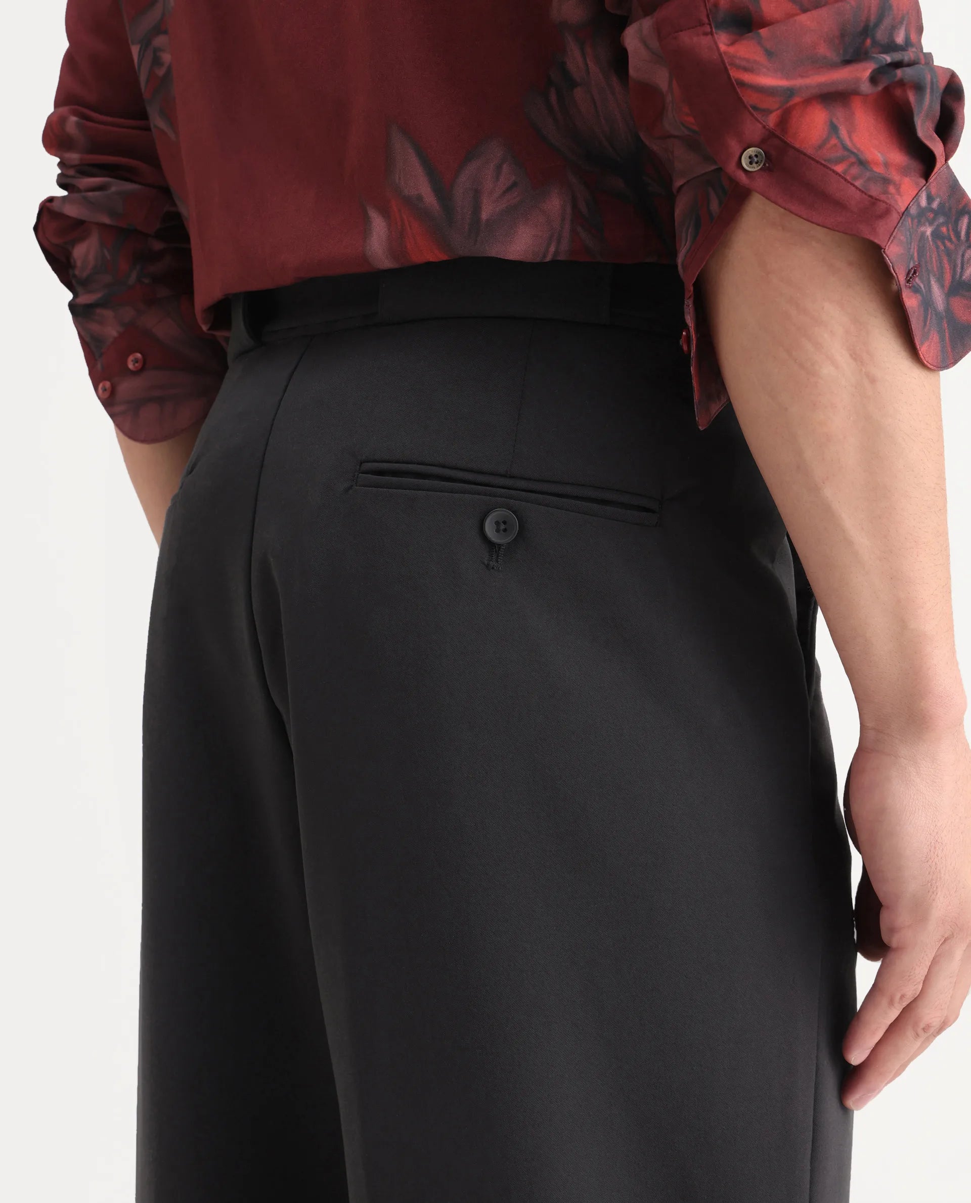 Rare Rabbit Men's Axie Black Cotton Blend Plain Wide Leg Trouser