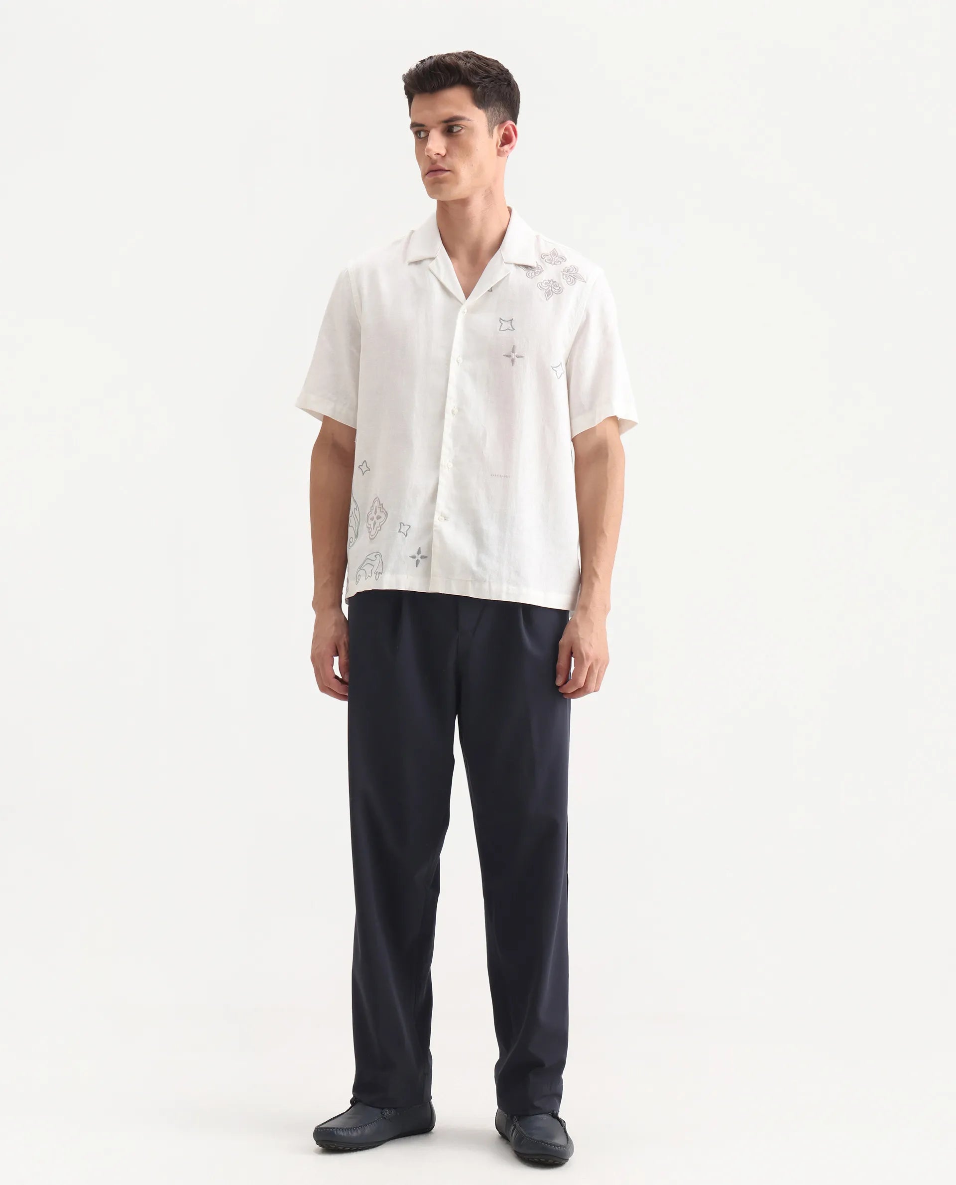 Rare Rabbit Men's Axie Navy Cotton Blend Plain Wide Leg Trouser