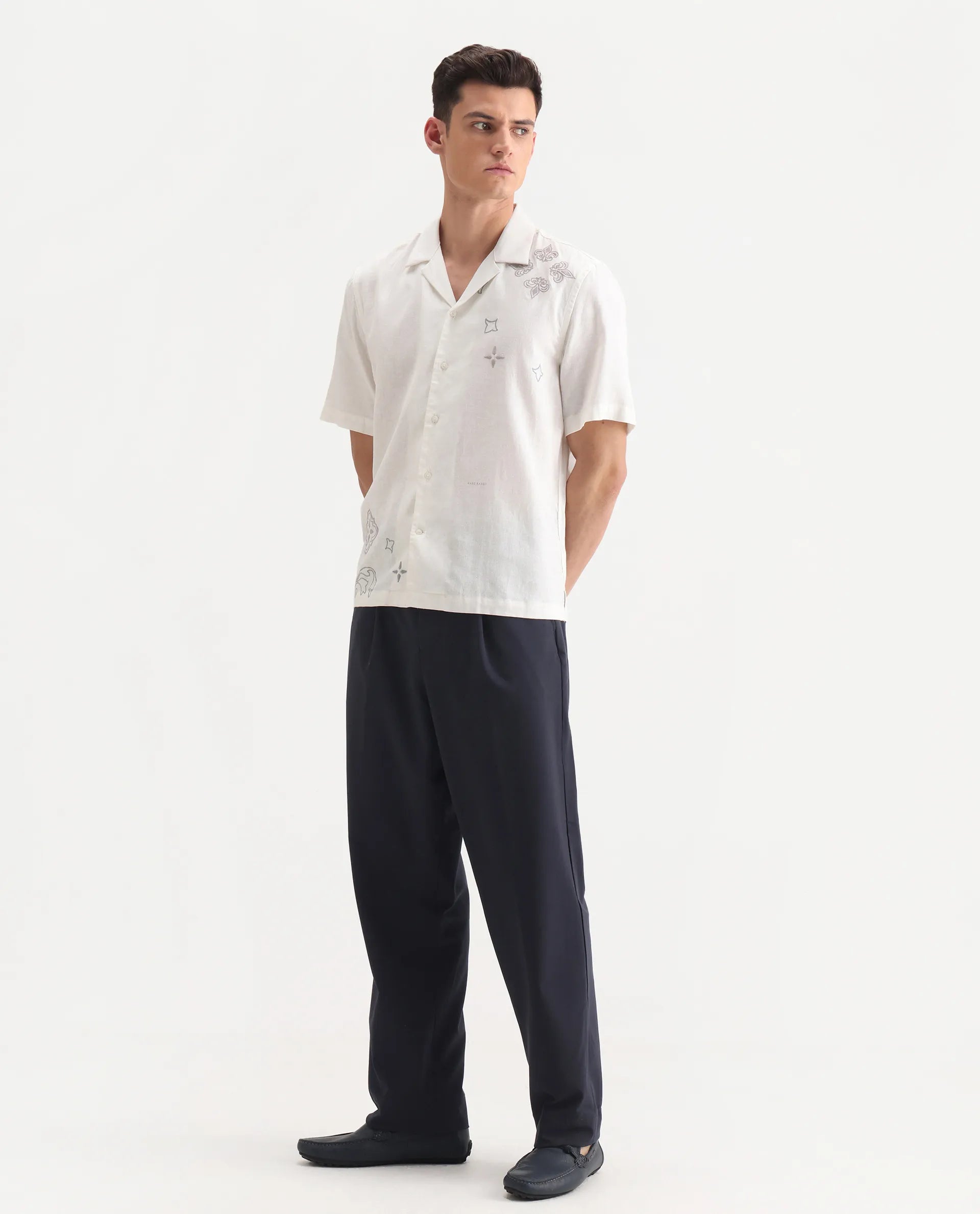 Rare Rabbit Men's Axie Navy Cotton Blend Plain Wide Leg Trouser