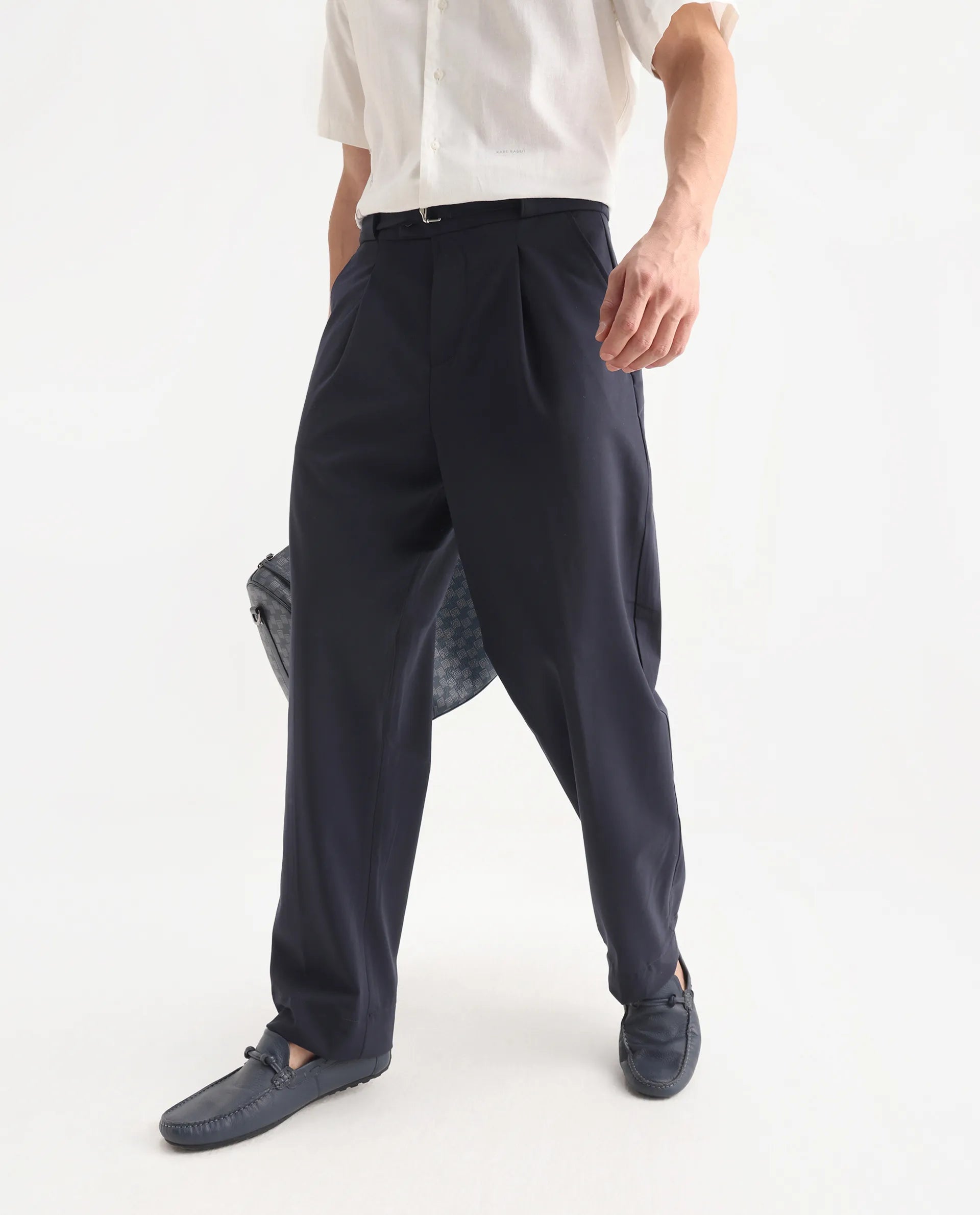 Rare Rabbit Men's Axie Navy Cotton Blend Plain Wide Leg Trouser